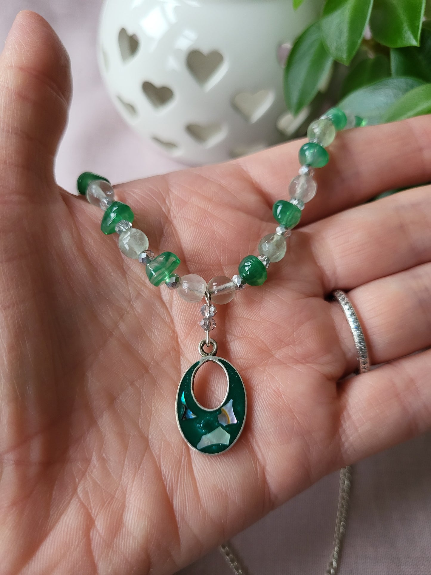 Green and Silver Upcycled Beaded Necklace with Shell Inlay Pendant