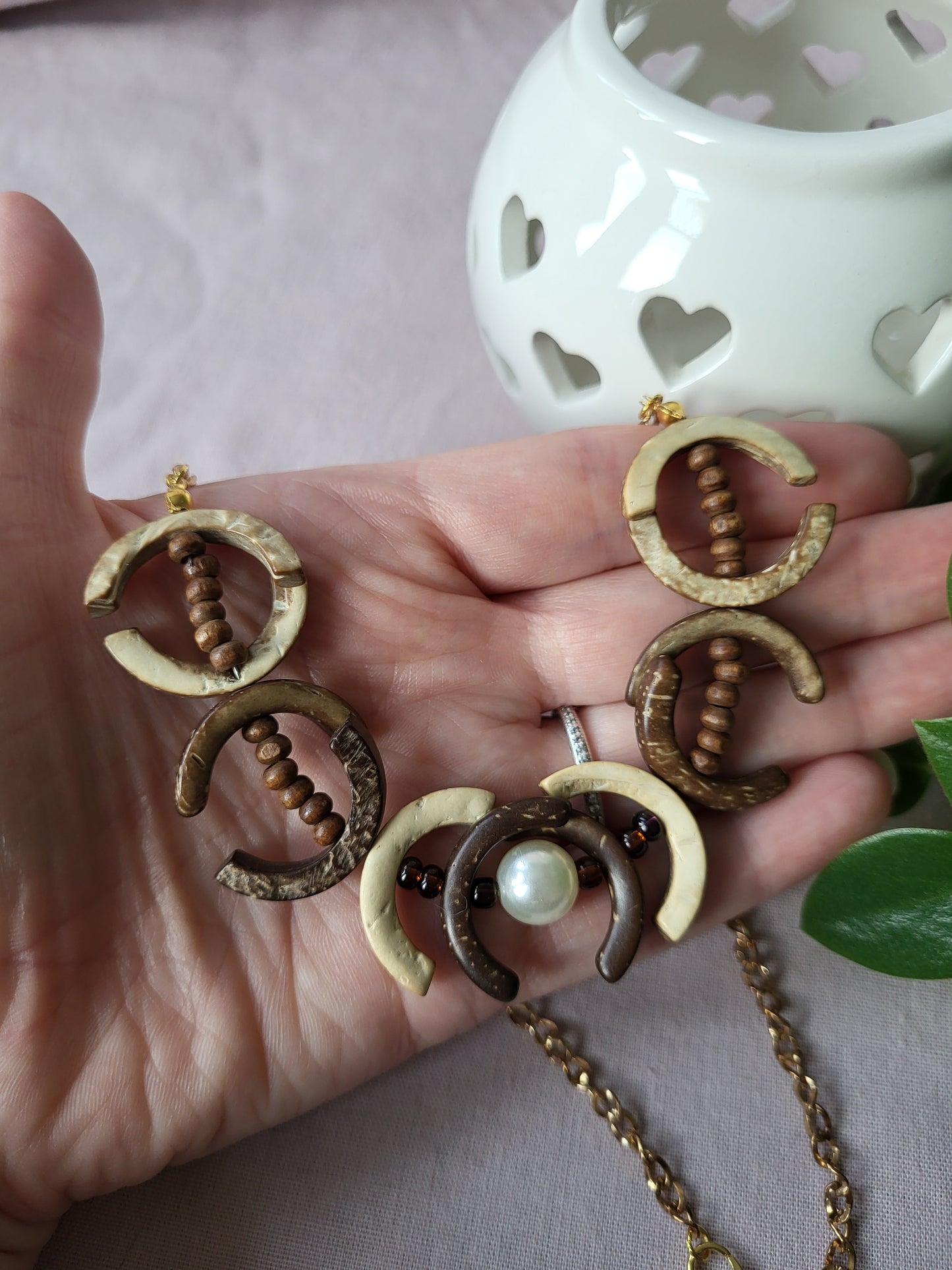 One of a Kind Upcycled Wooden Bib Necklace with Faux Pearl Detail