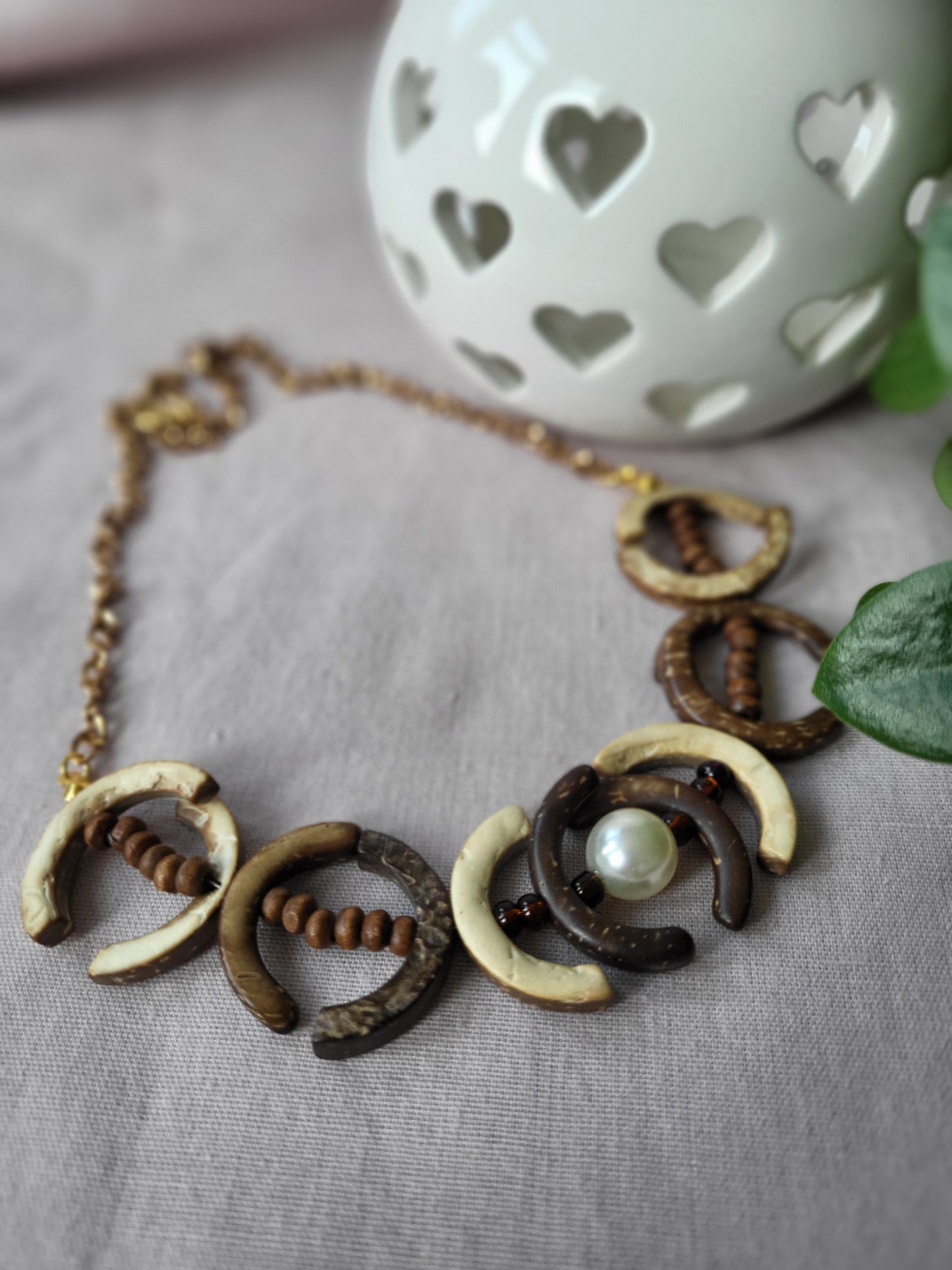 One of a Kind Upcycled Wooden Bib Necklace with Faux Pearl Detail