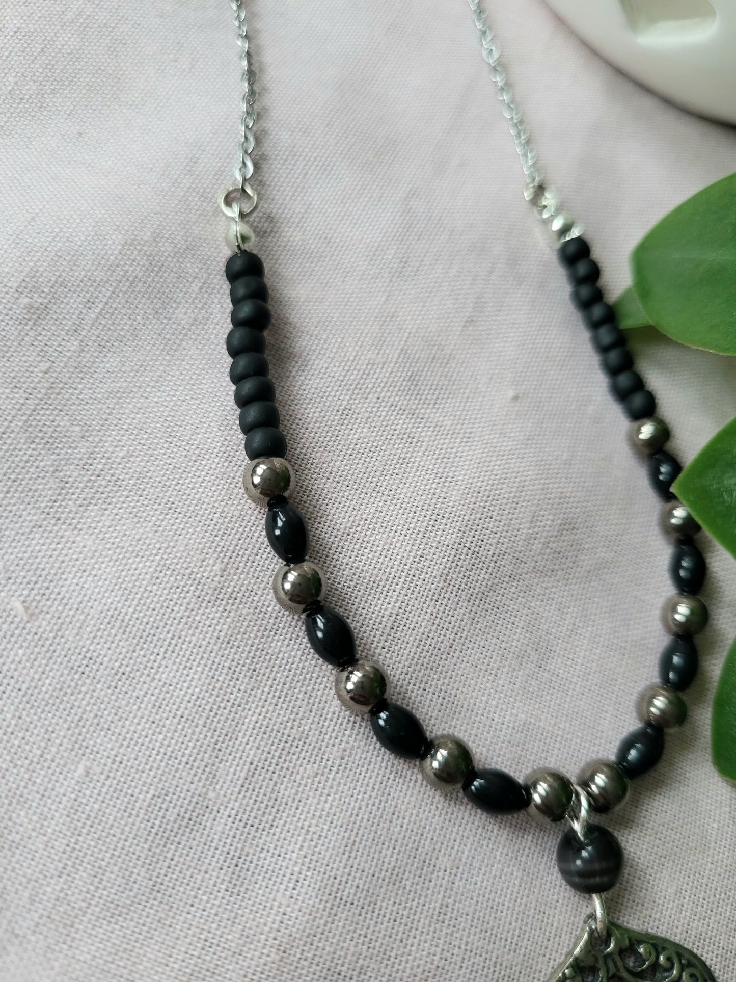 Black and Silver Upcycled Necklace with Dainty Beaded Detail