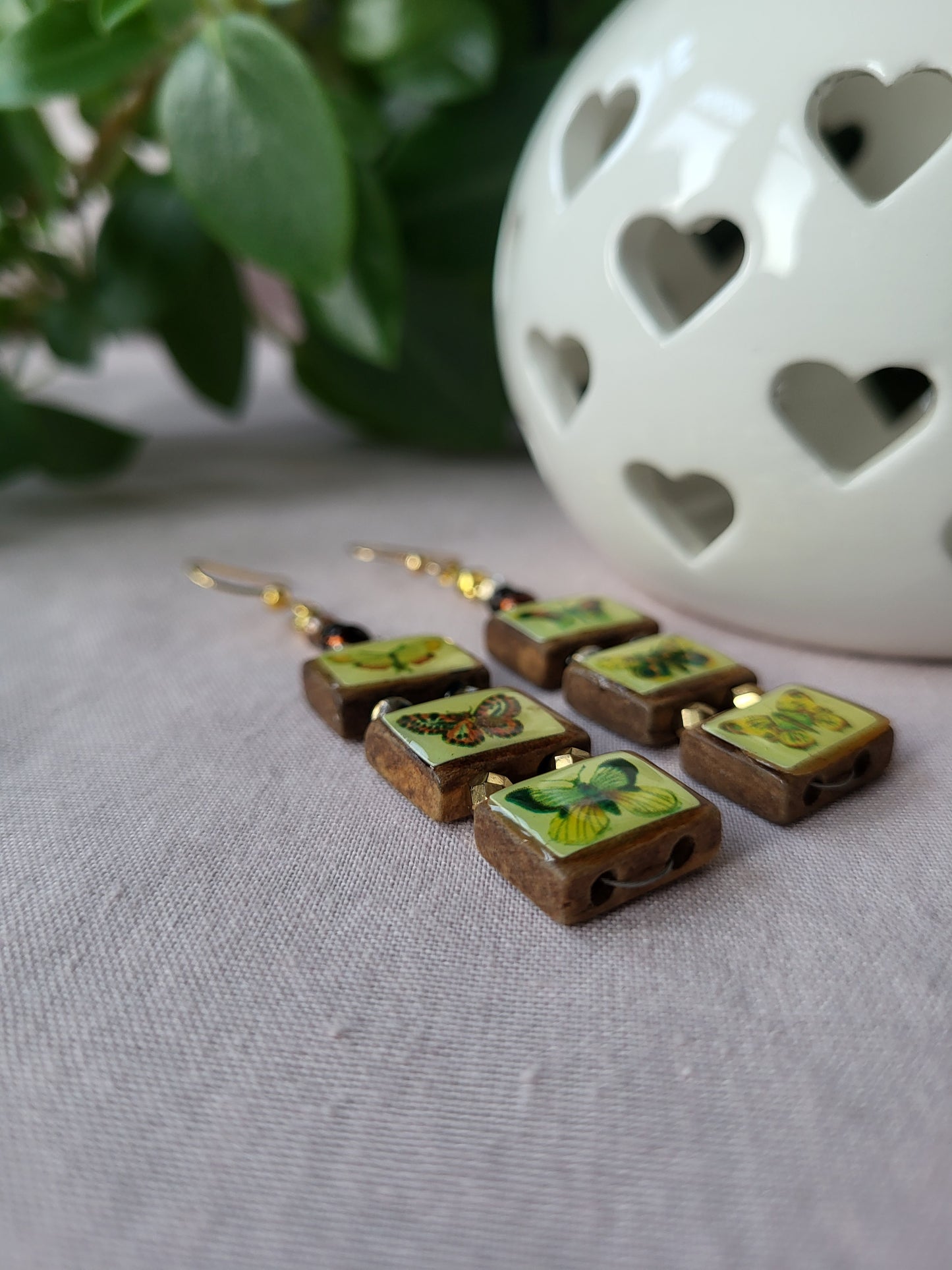 Upcycled Wooden Butterfly Statement Earrings with Bead Detail. Nickel Free Wires or Clip On