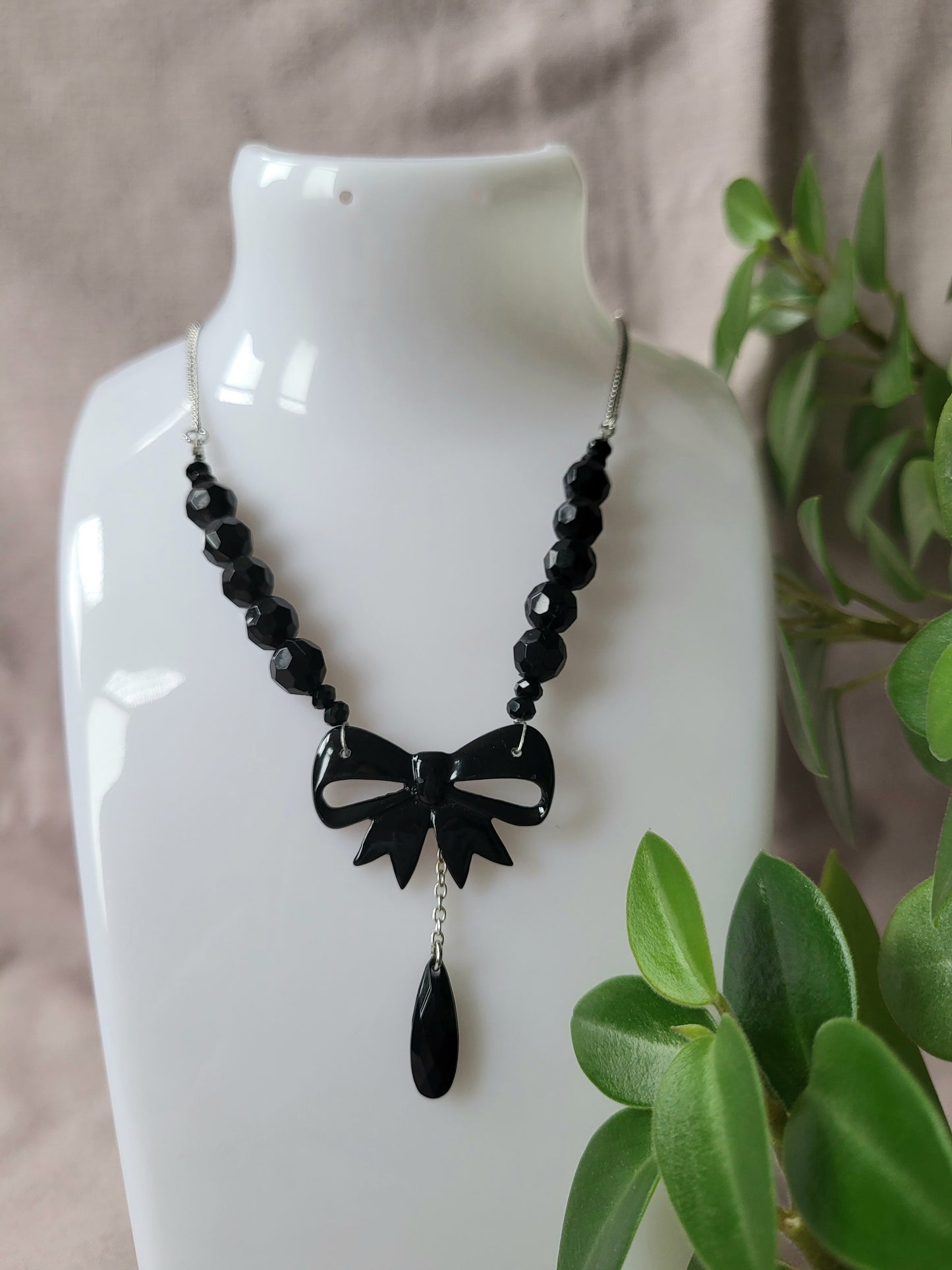 Black Bow Upcycled Beaded Bib Necklace