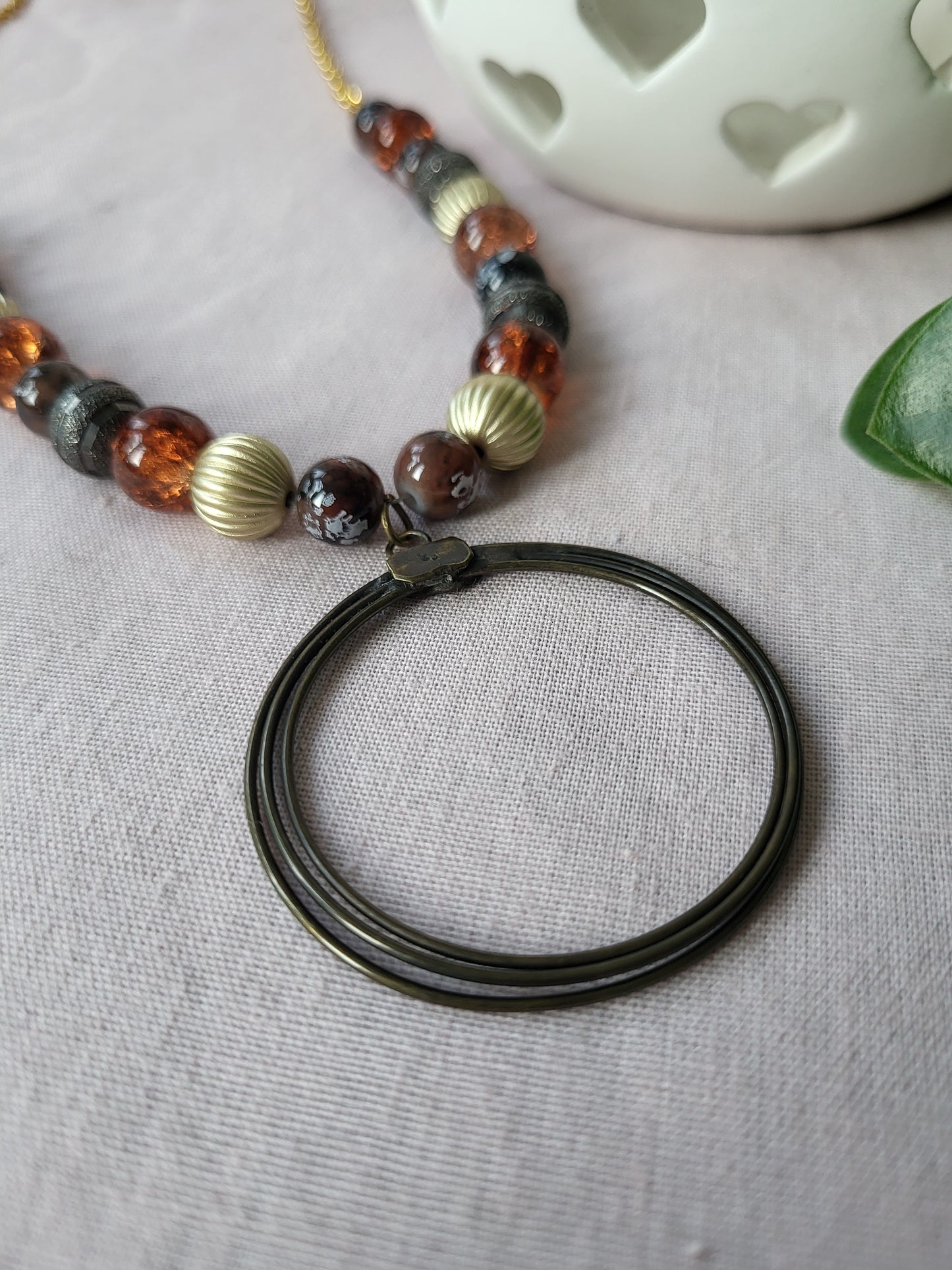Brown and Gold Upcycled Statement Necklace with Circle Pendant. One of a Kind