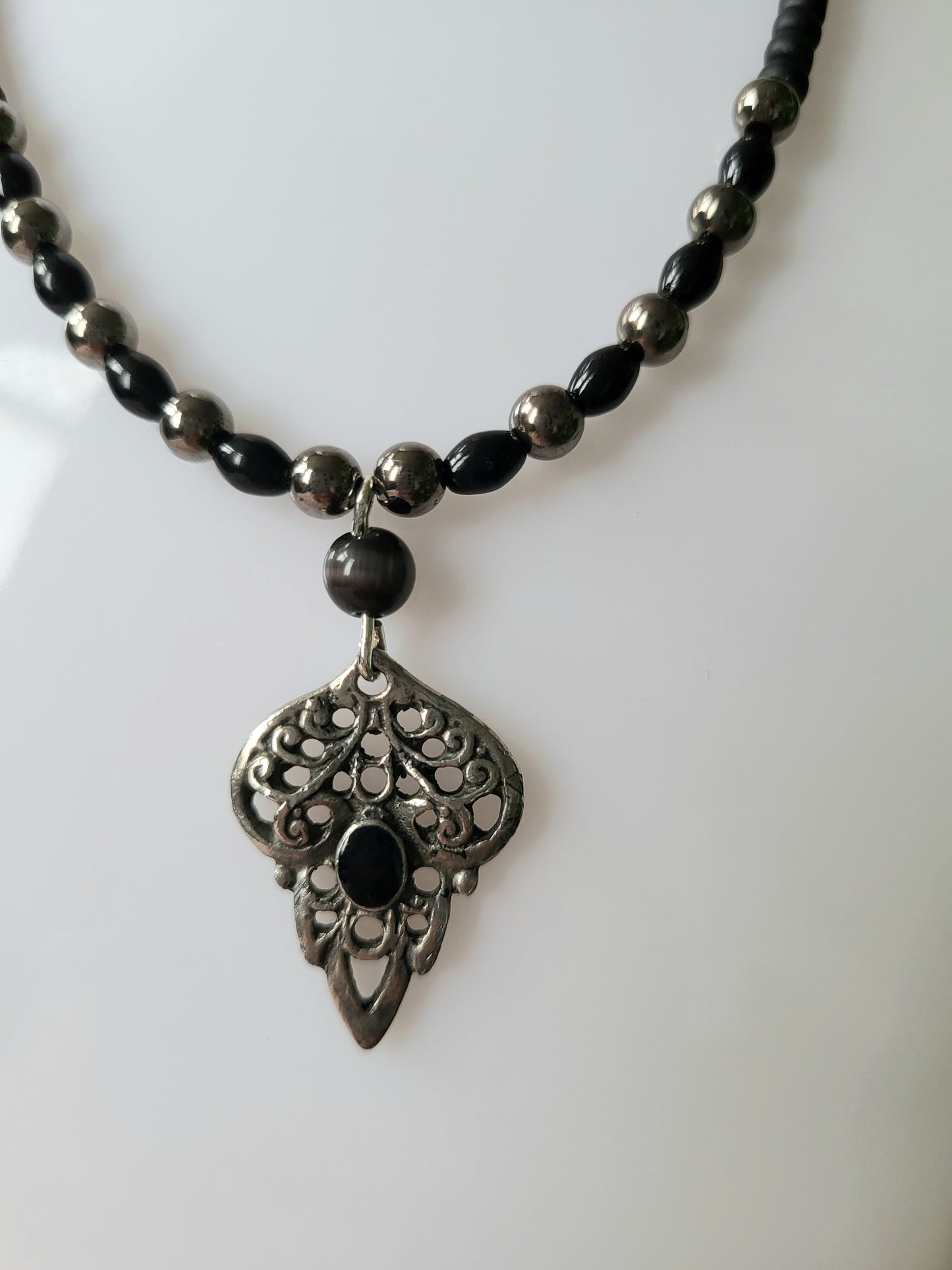 Black and Silver Upcycled Necklace with Dainty Beaded Detail