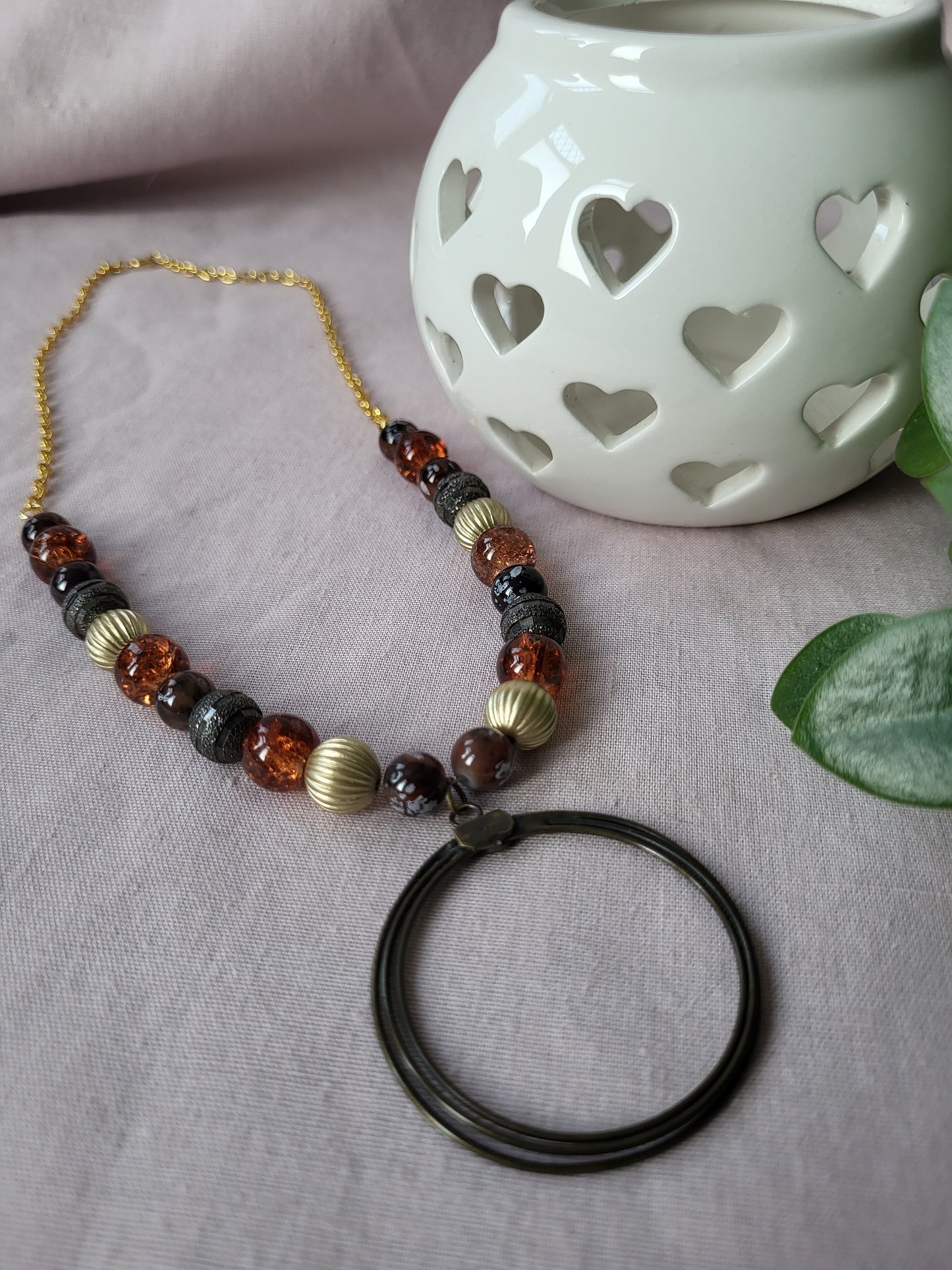 Brown and Gold Upcycled Statement Necklace with Circle Pendant. One of a Kind