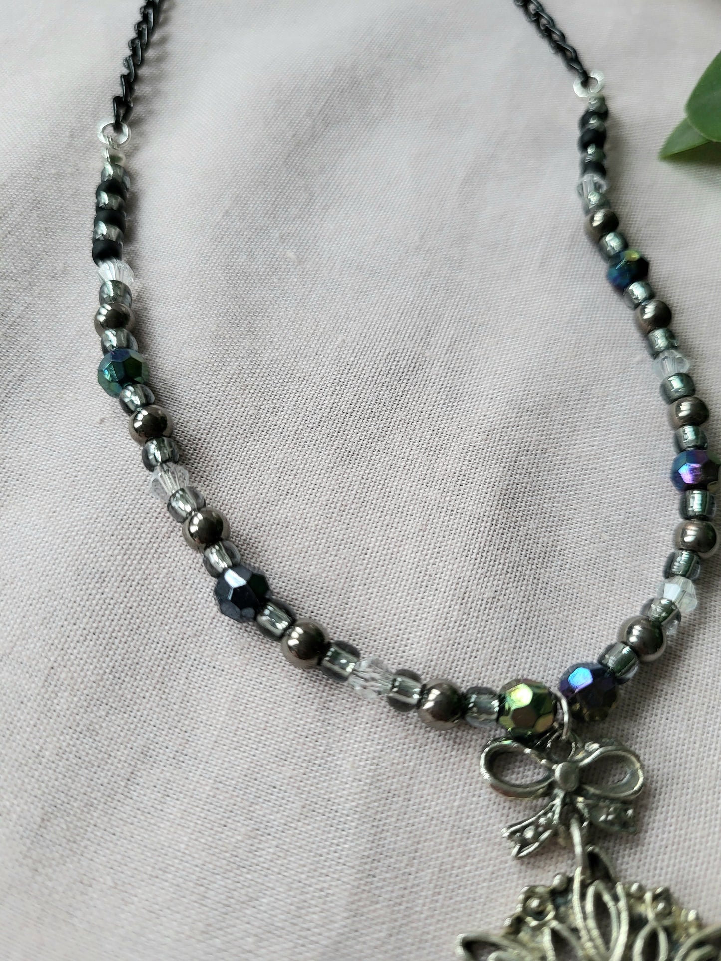 Black and Silver Upcycled Beaded Bib Necklace with Bow Detail