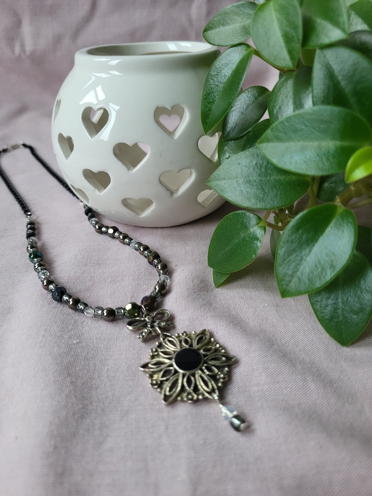 Black and Silver Upcycled Beaded Bib Necklace with Bow Detail