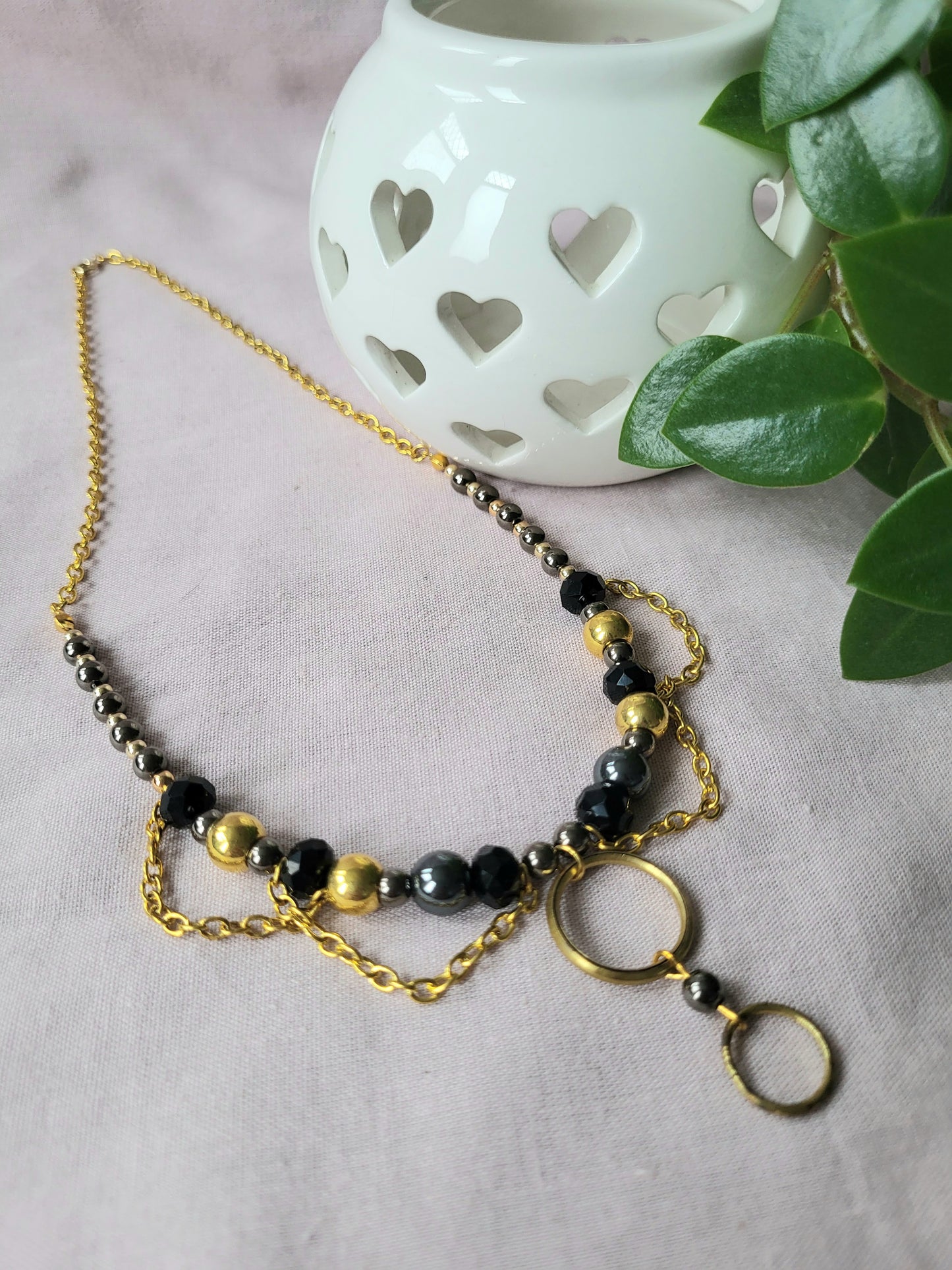 Black and Gold Upcycled Beaded Bib Necklace with Double Ring Drop Pendant and Chain Detail