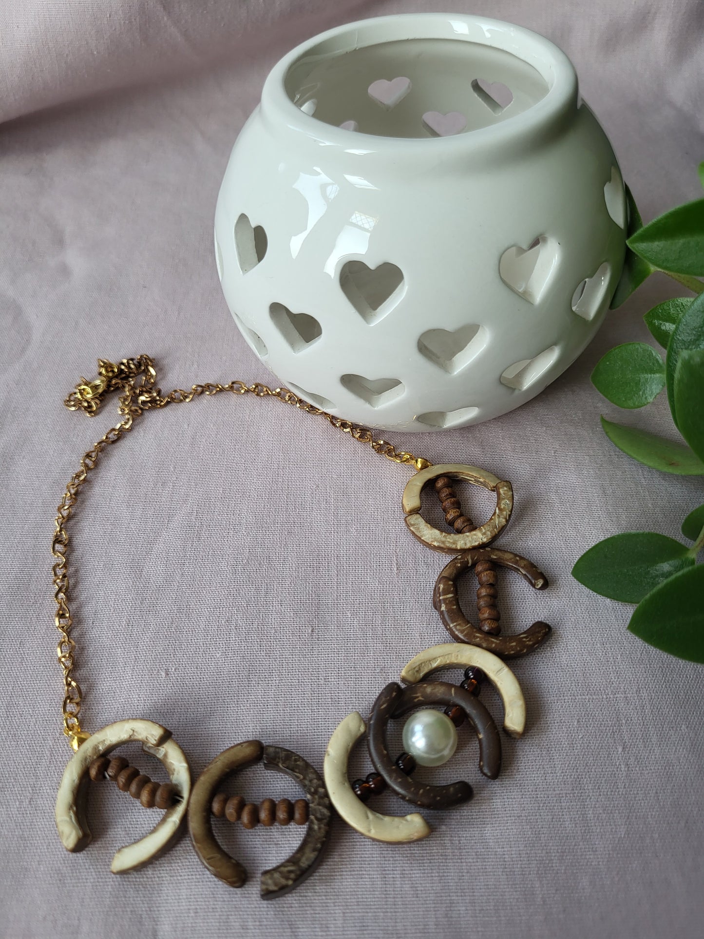 One of a Kind Upcycled Wooden Bib Necklace with Faux Pearl Detail