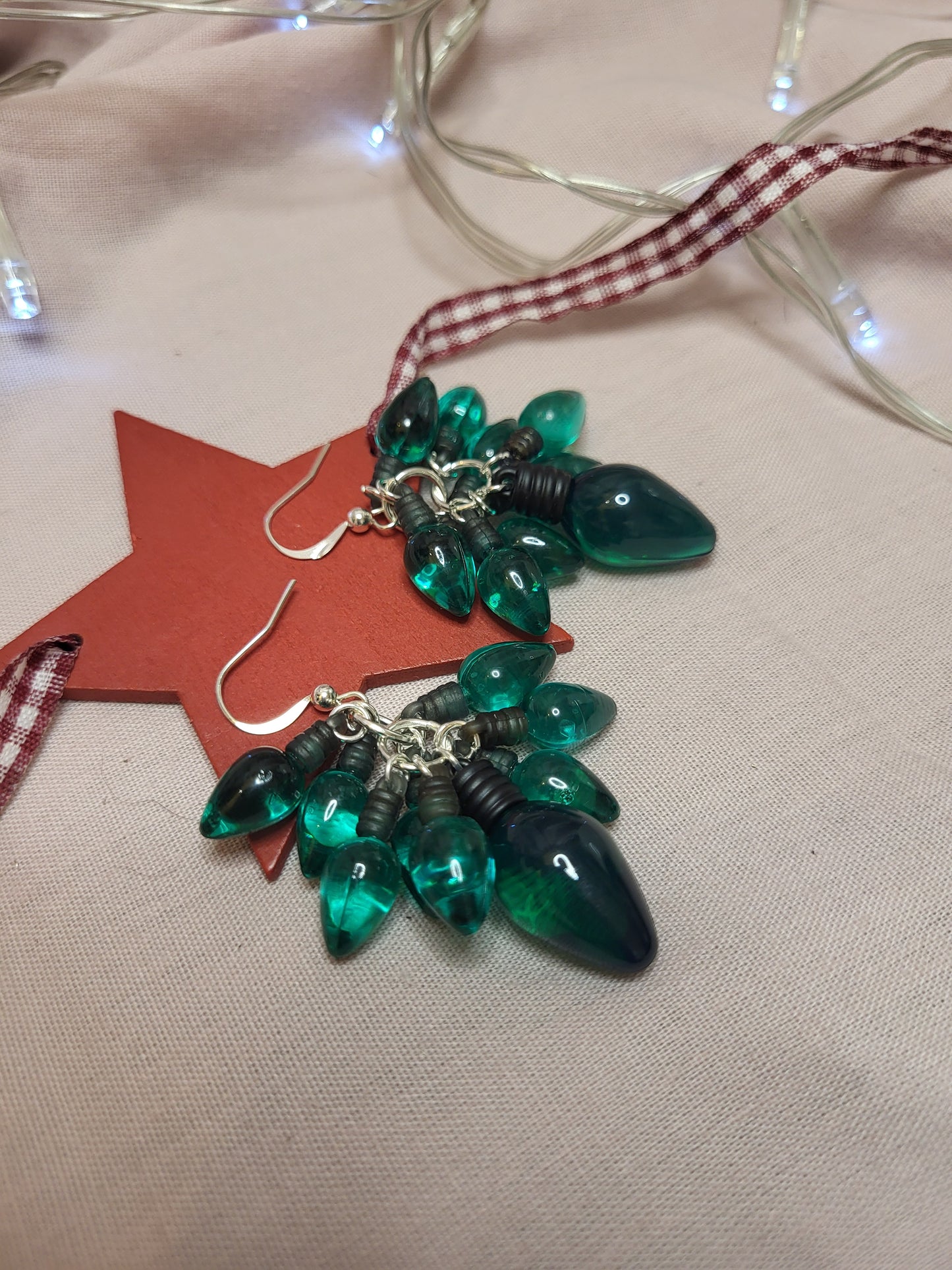 Green Christmas Light Statement Earrings. Clip On or Nickel Free Wires. Christmas Jewellery. Fairy Lights