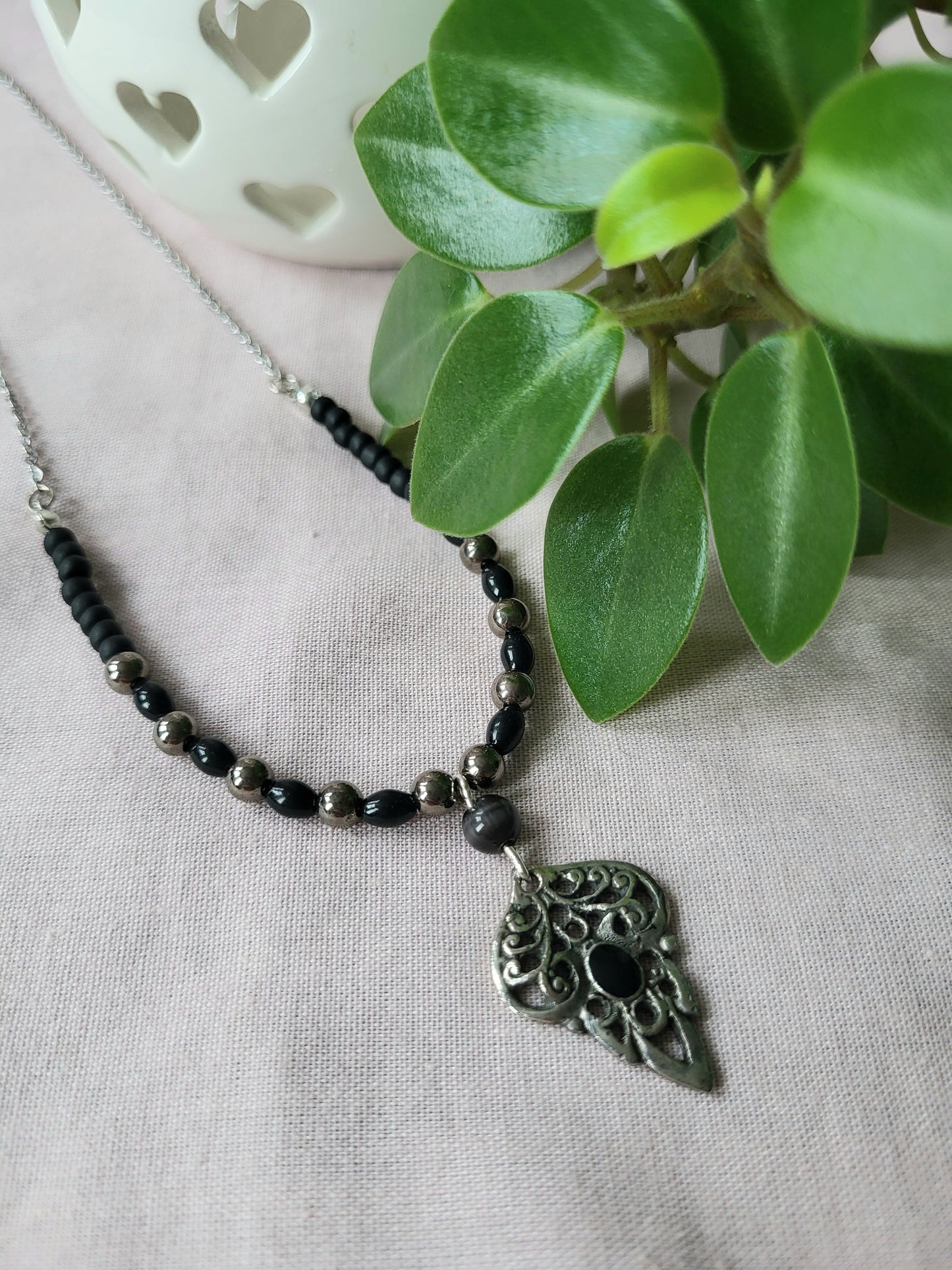 Black and Silver Upcycled Necklace with Dainty Beaded Detail