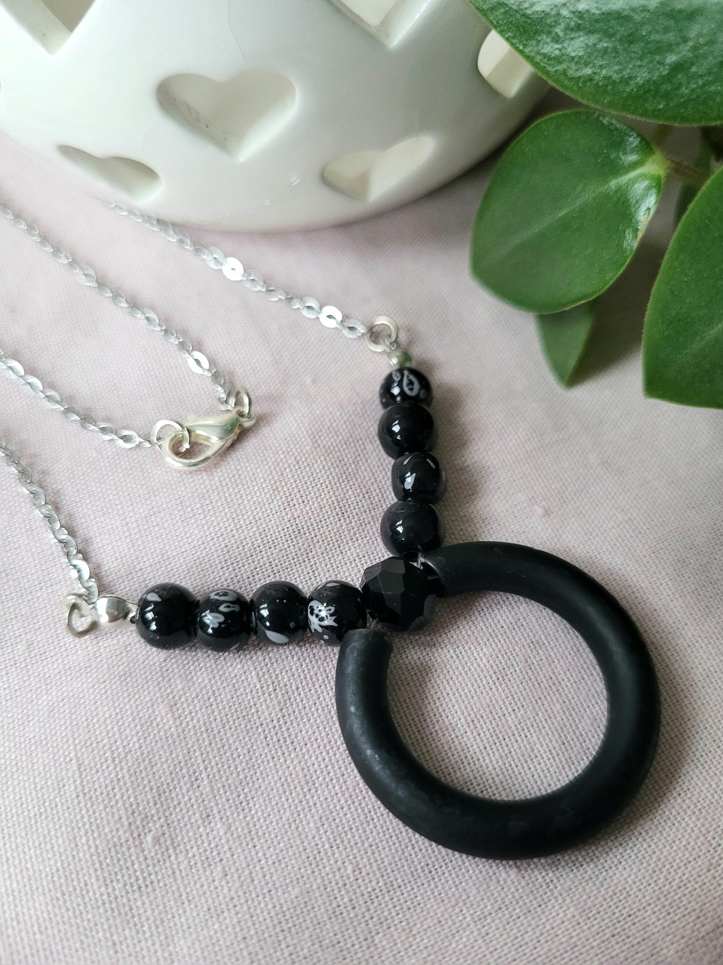 Black and White Beaded Upcycled Necklace with Silver Chain and Black Ring Pendant