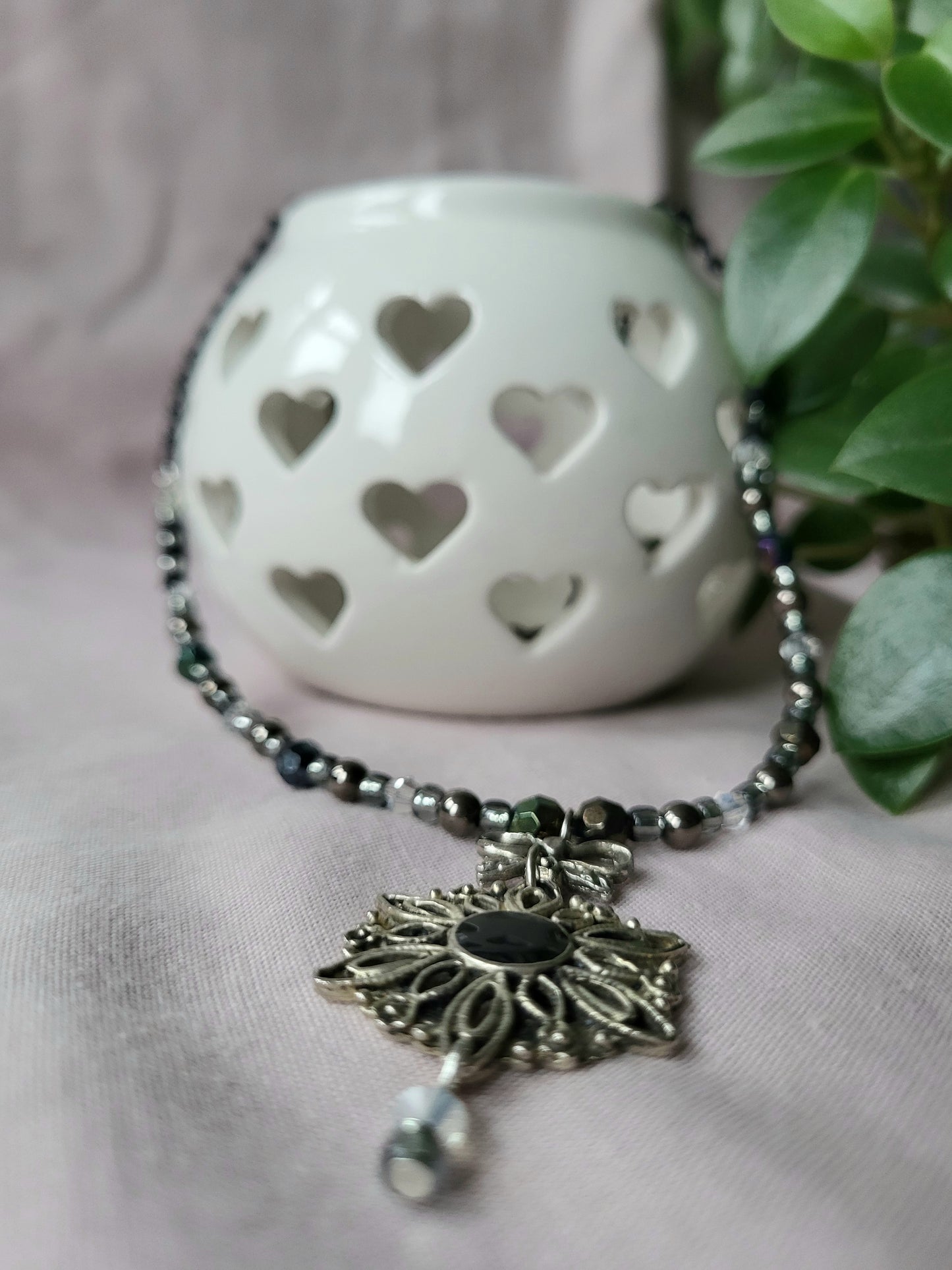Black and Silver Upcycled Beaded Bib Necklace with Bow Detail