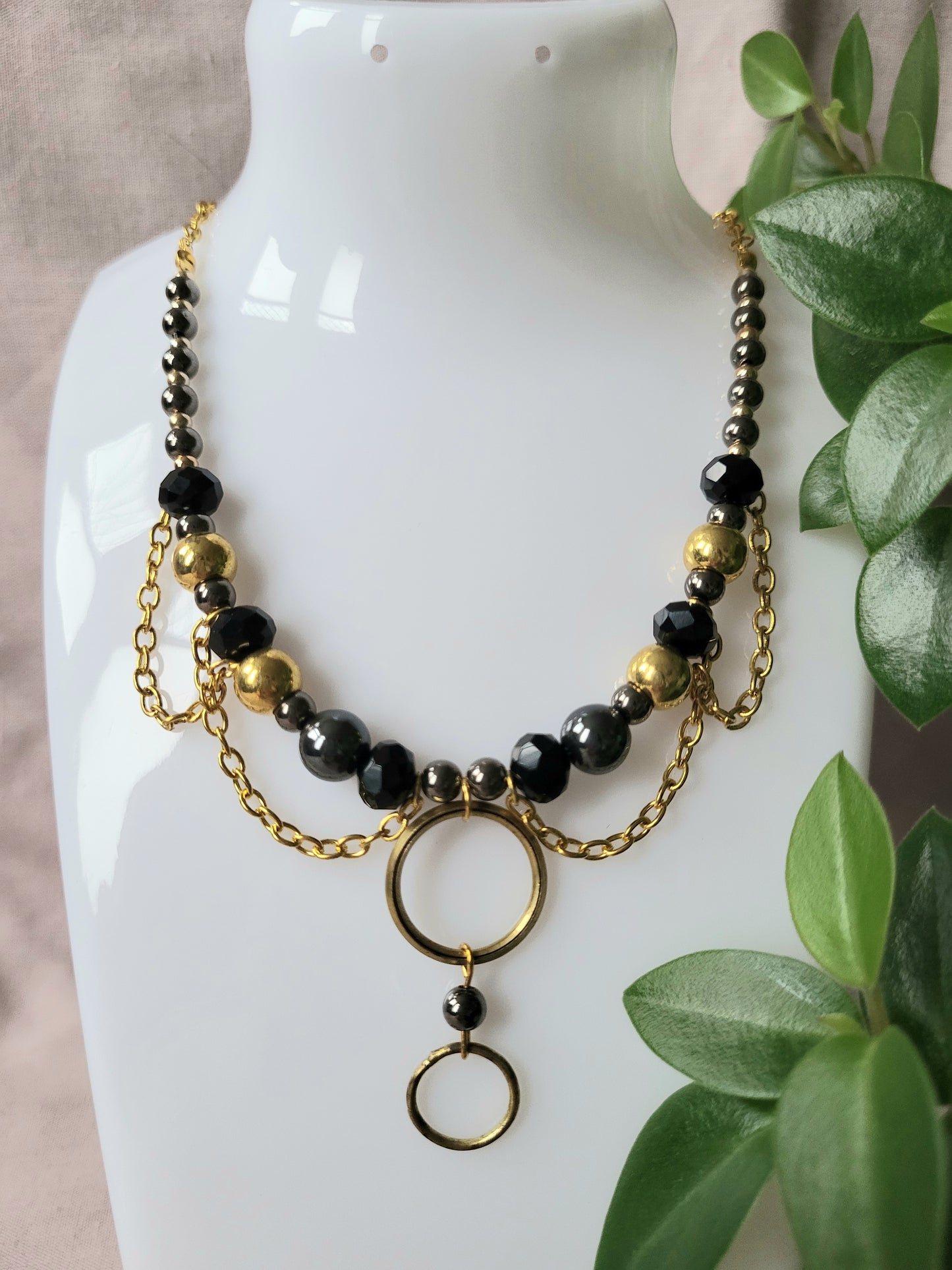 Black and Gold Upcycled Beaded Bib Necklace with Double Ring Drop Pendant and Chain Detail