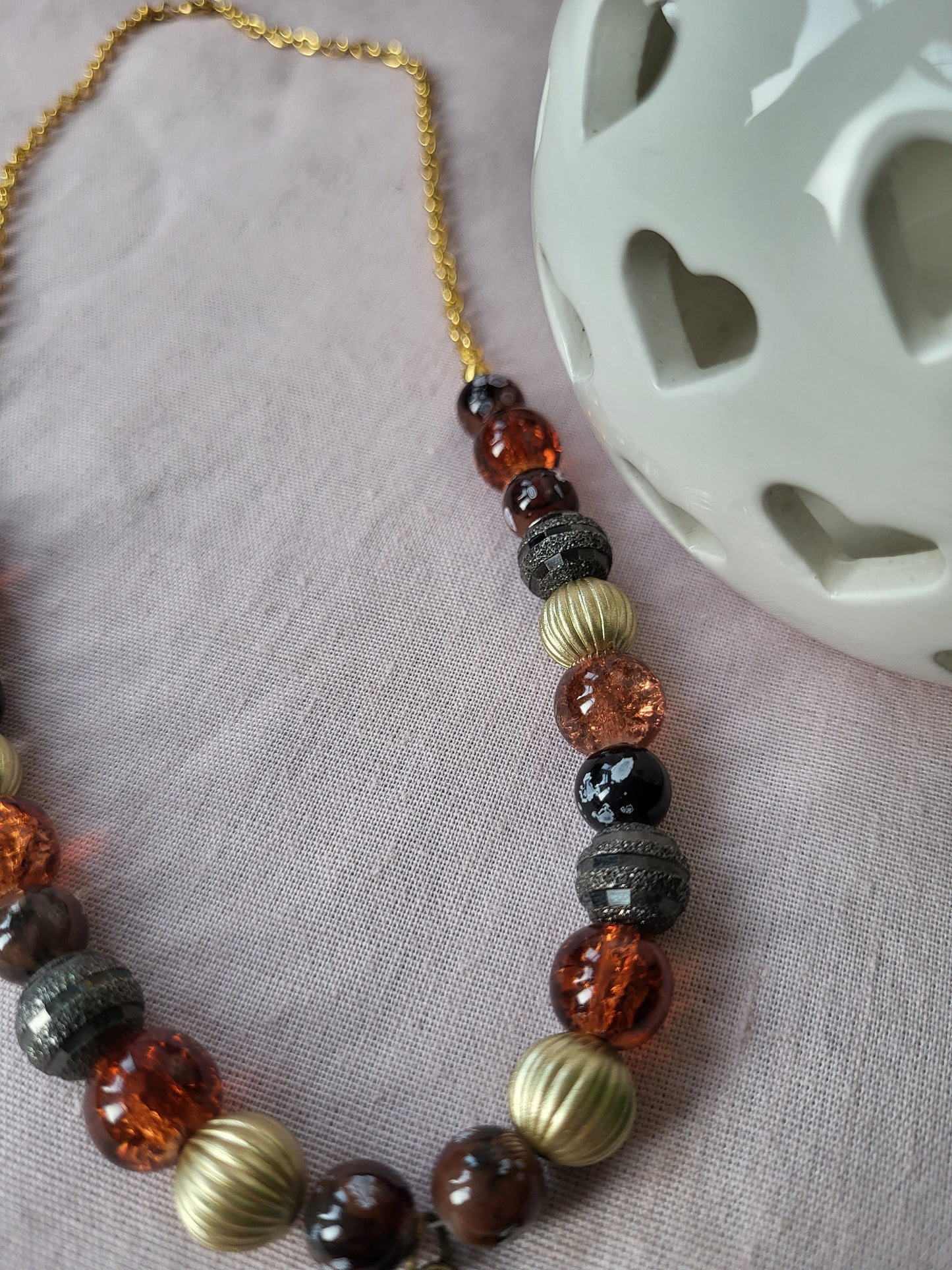 Brown and Gold Upcycled Statement Necklace with Circle Pendant. One of a Kind
