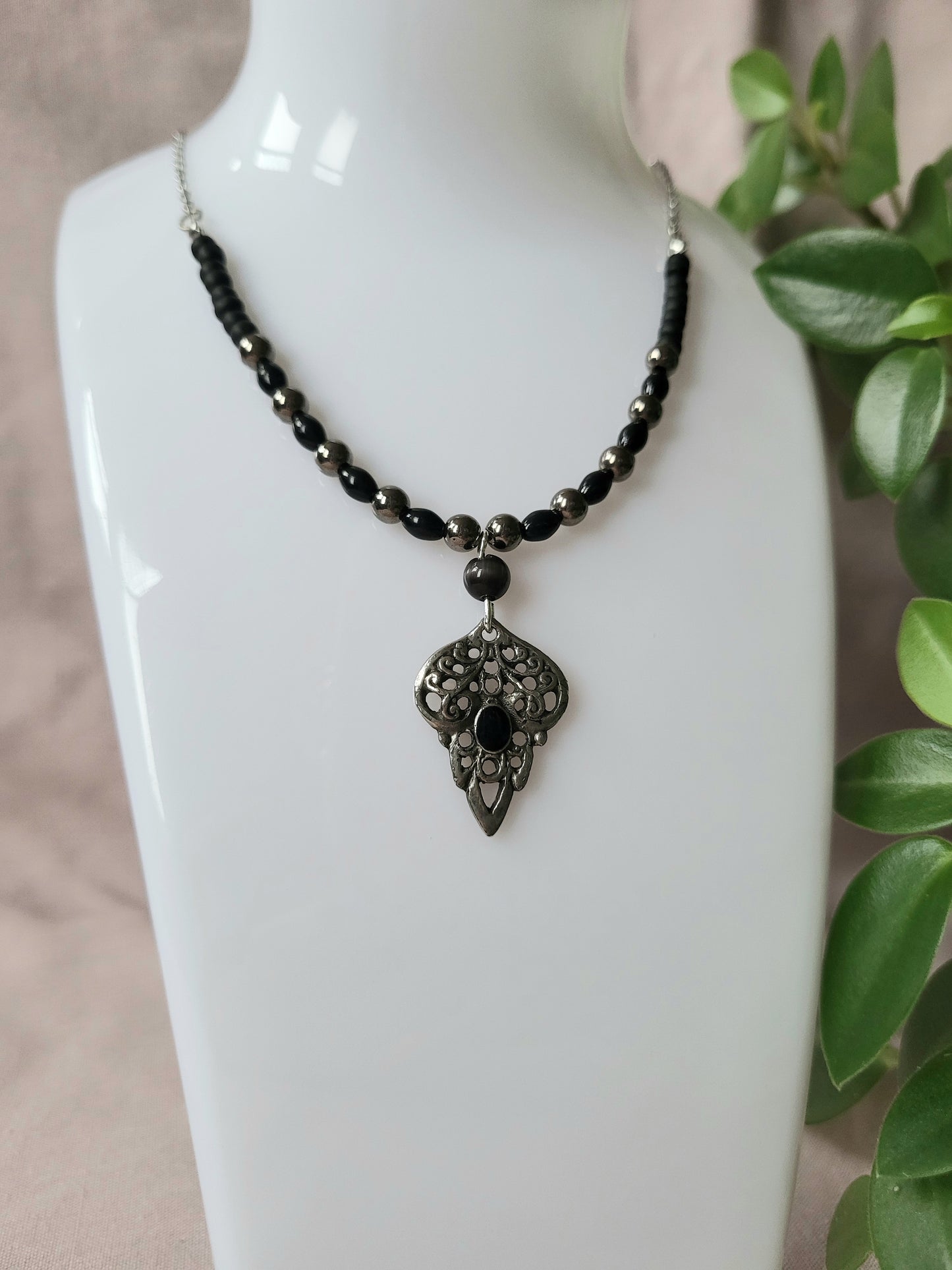 Black and Silver Upcycled Necklace with Dainty Beaded Detail