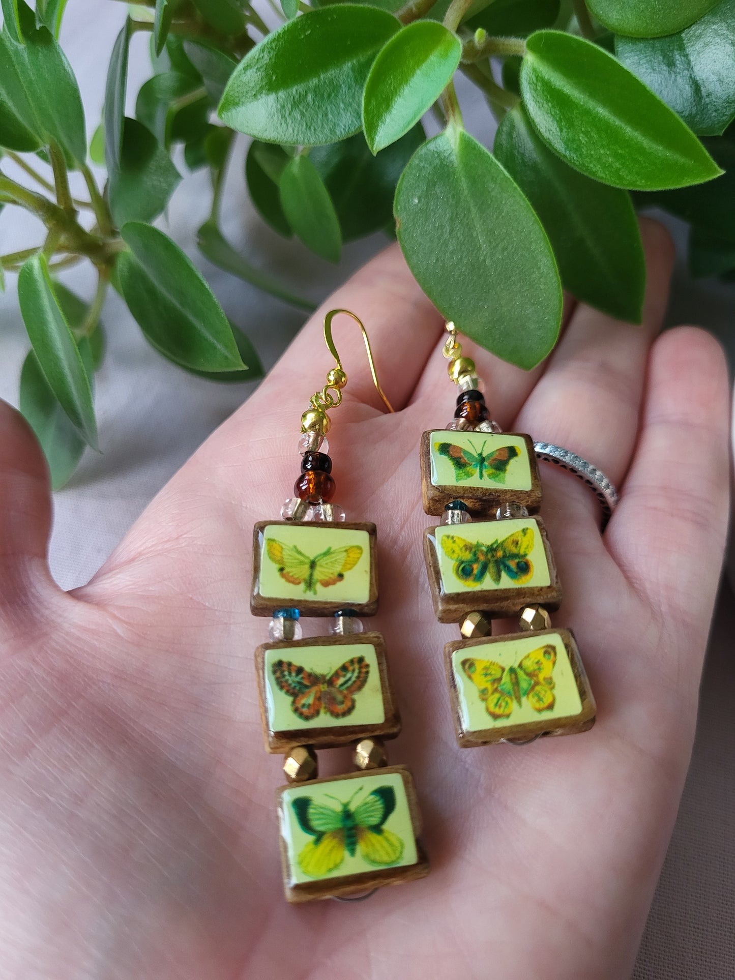 Upcycled Wooden Butterfly Statement Earrings with Bead Detail. Nickel Free Wires or Clip On