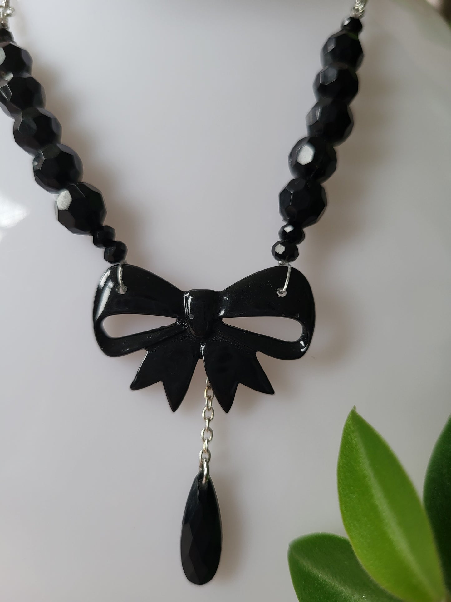 Black Bow Upcycled Beaded Bib Necklace