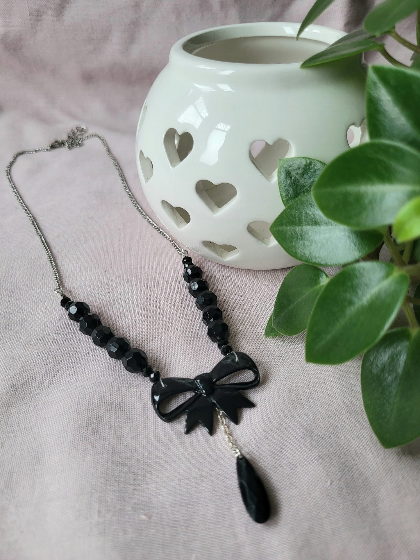 Black Bow Upcycled Beaded Bib Necklace