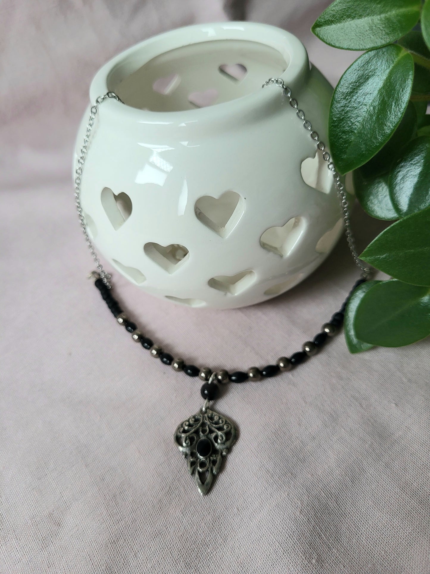 Black and Silver Upcycled Necklace with Dainty Beaded Detail