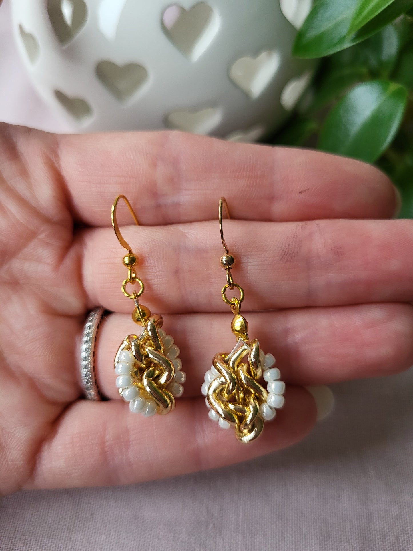 Gold and White Upcycled Earrings. Clip on or Wires