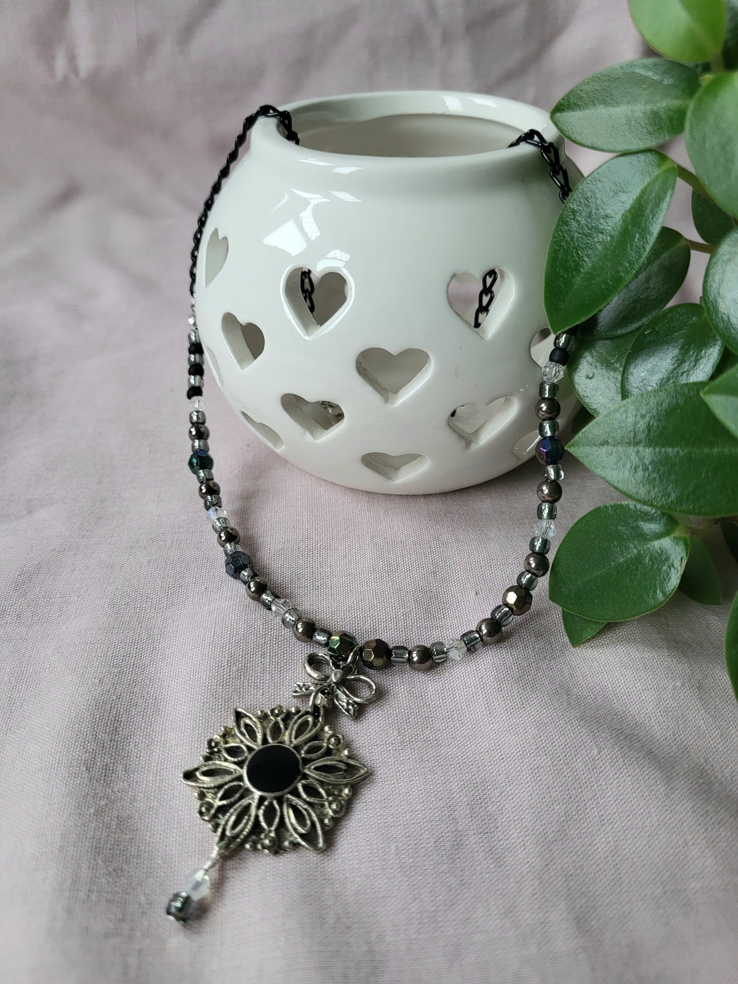 Black and Silver Upcycled Beaded Bib Necklace with Bow Detail