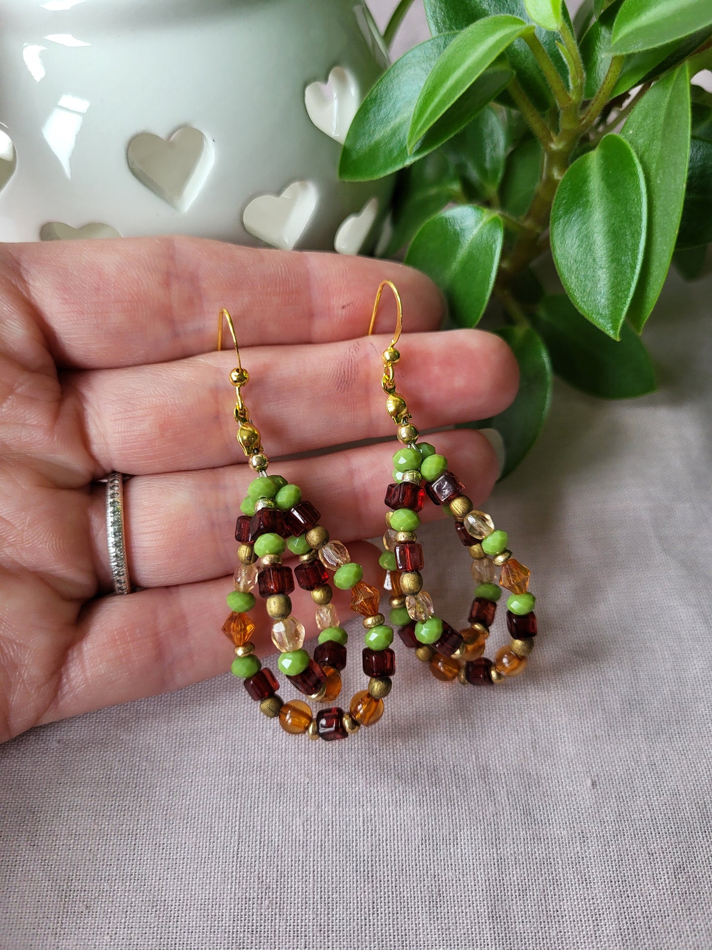 Autumnal Colours Beaded Earrings. Upcycled. Clip On or Wires