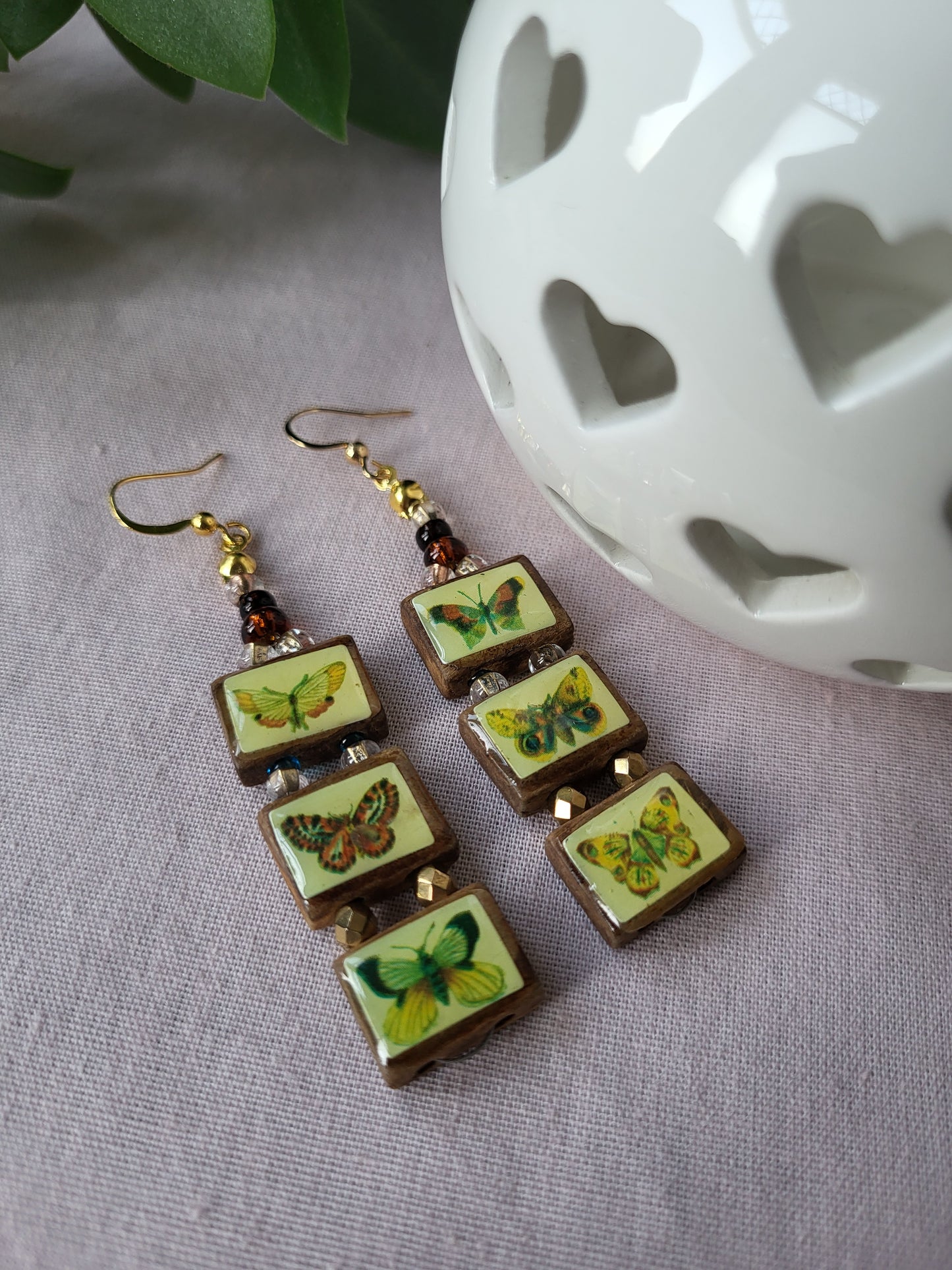 Upcycled Wooden Butterfly Statement Earrings with Bead Detail. Nickel Free Wires or Clip On