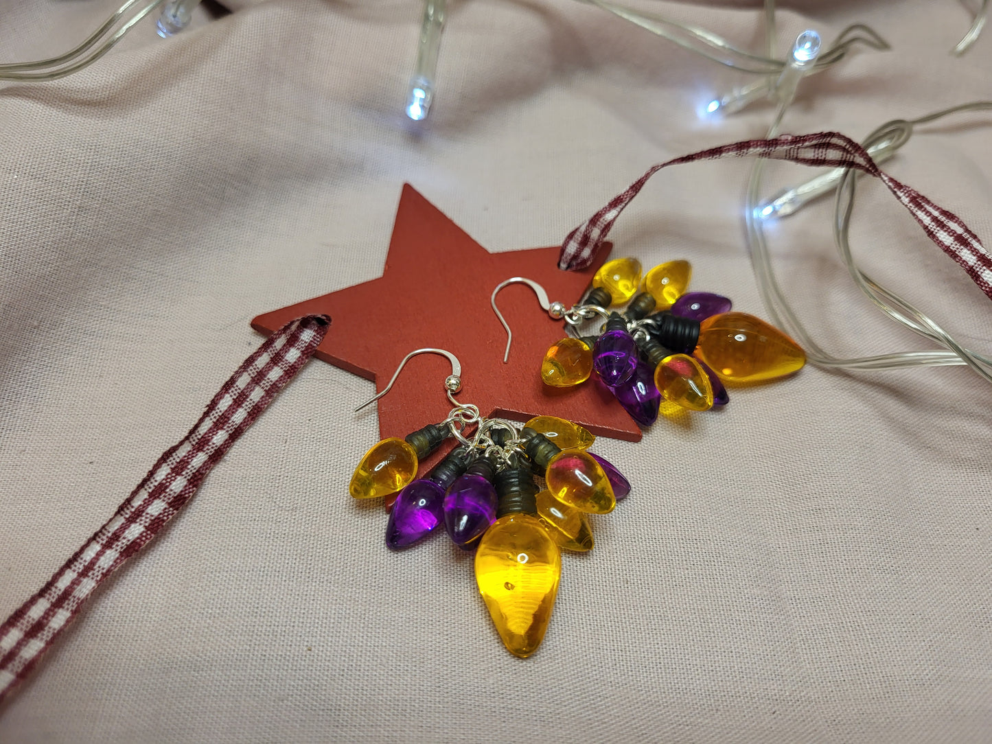 Purple and Gold Christmas Light Statement Earrings. Clip On or Nickel Free Wires. Bold Christmas Earrings. Christmas Jewellery.