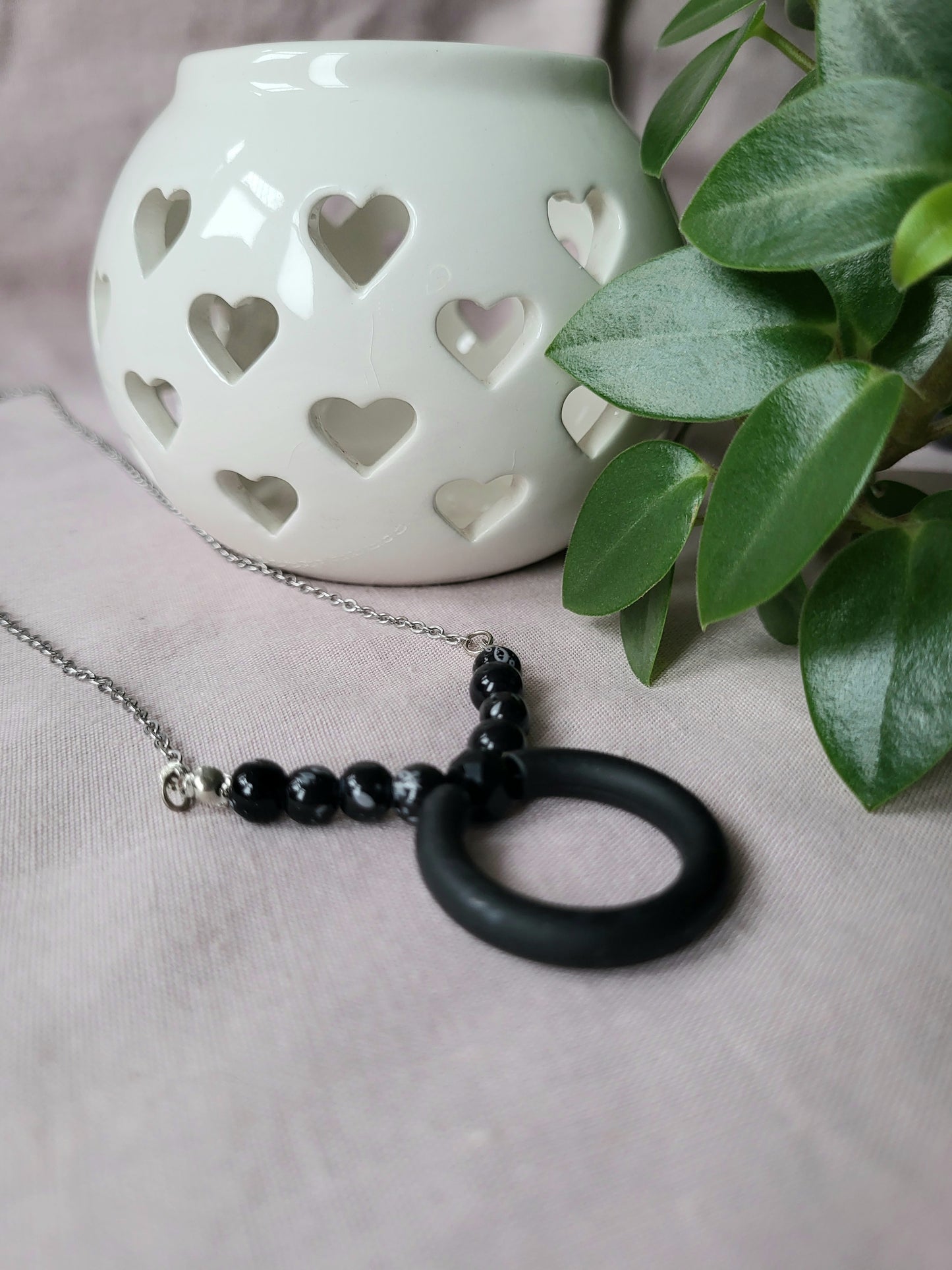 Black and White Beaded Upcycled Necklace with Silver Chain and Black Ring Pendant
