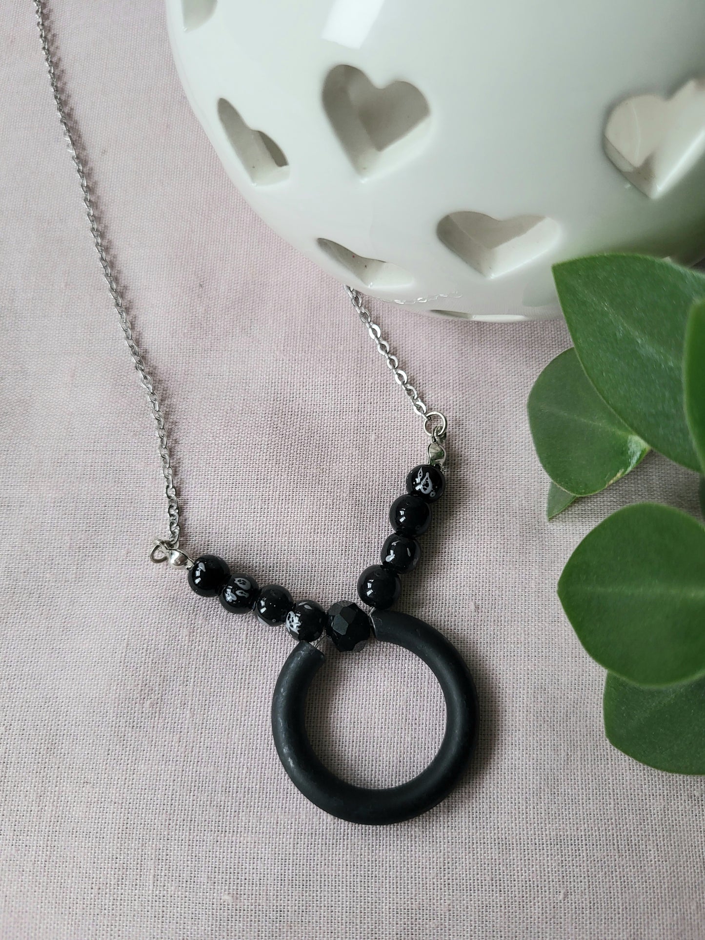 Black and White Beaded Upcycled Necklace with Silver Chain and Black Ring Pendant