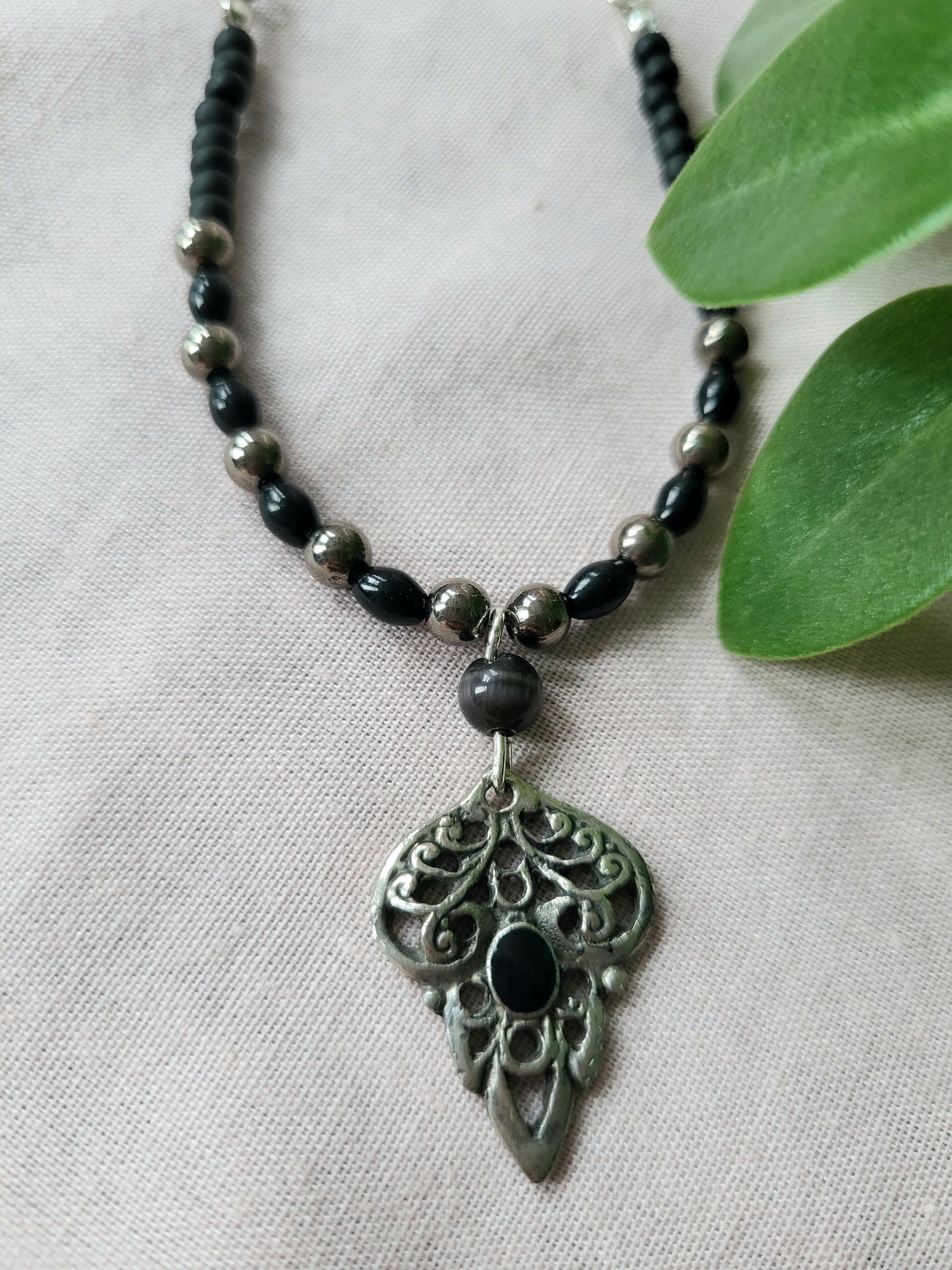 Black and Silver Upcycled Necklace with Dainty Beaded Detail