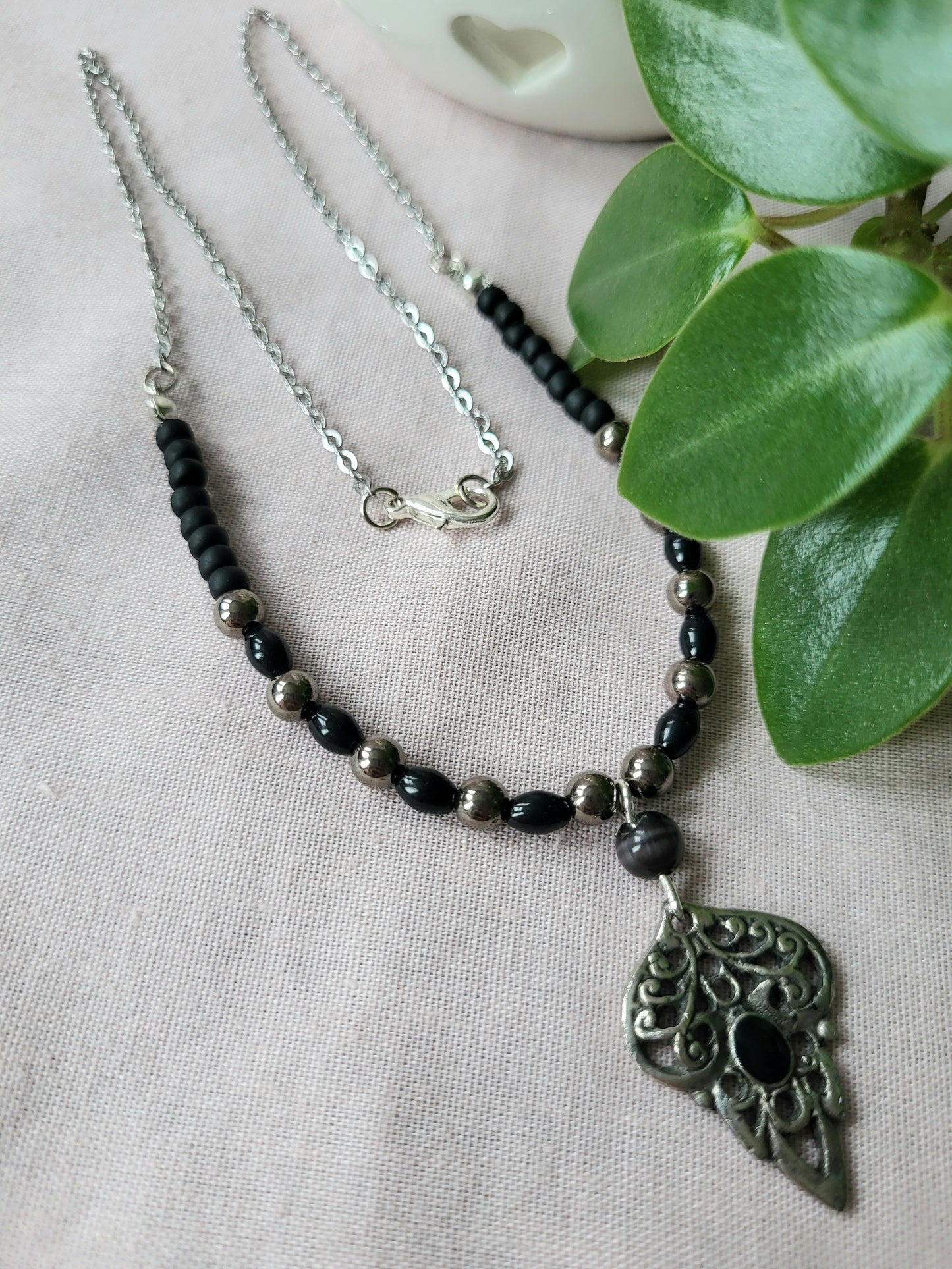 Black and Silver Upcycled Necklace with Dainty Beaded Detail