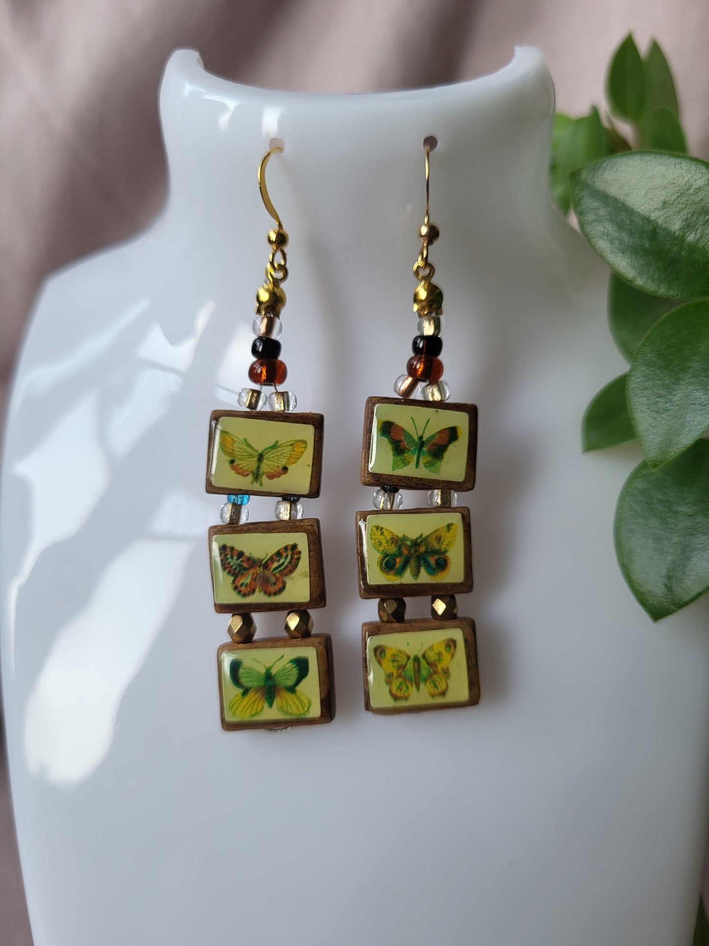 Upcycled Wooden Butterfly Statement Earrings with Bead Detail. Nickel Free Wires or Clip On