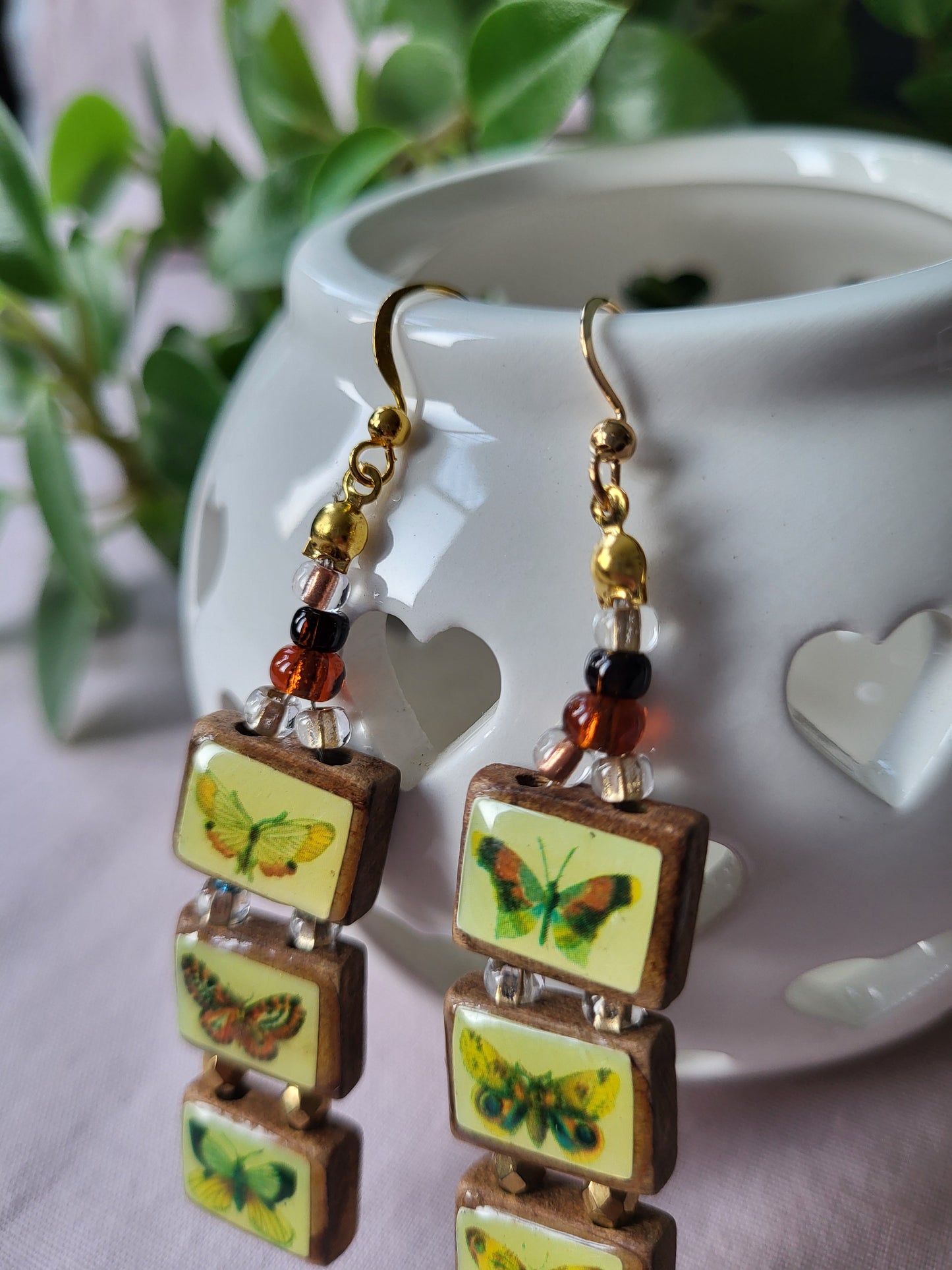 Upcycled Wooden Butterfly Statement Earrings with Bead Detail. Nickel Free Wires or Clip On