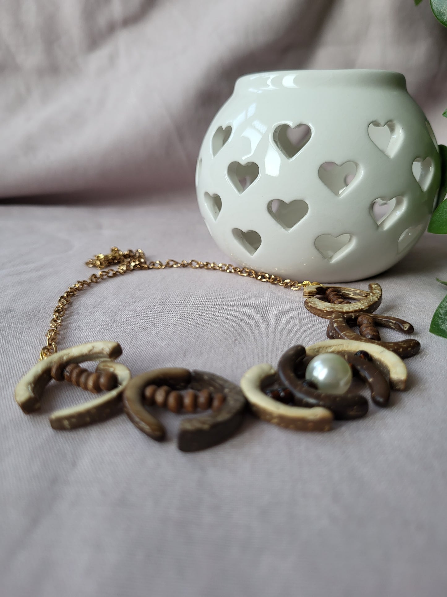 One of a Kind Upcycled Wooden Bib Necklace with Faux Pearl Detail