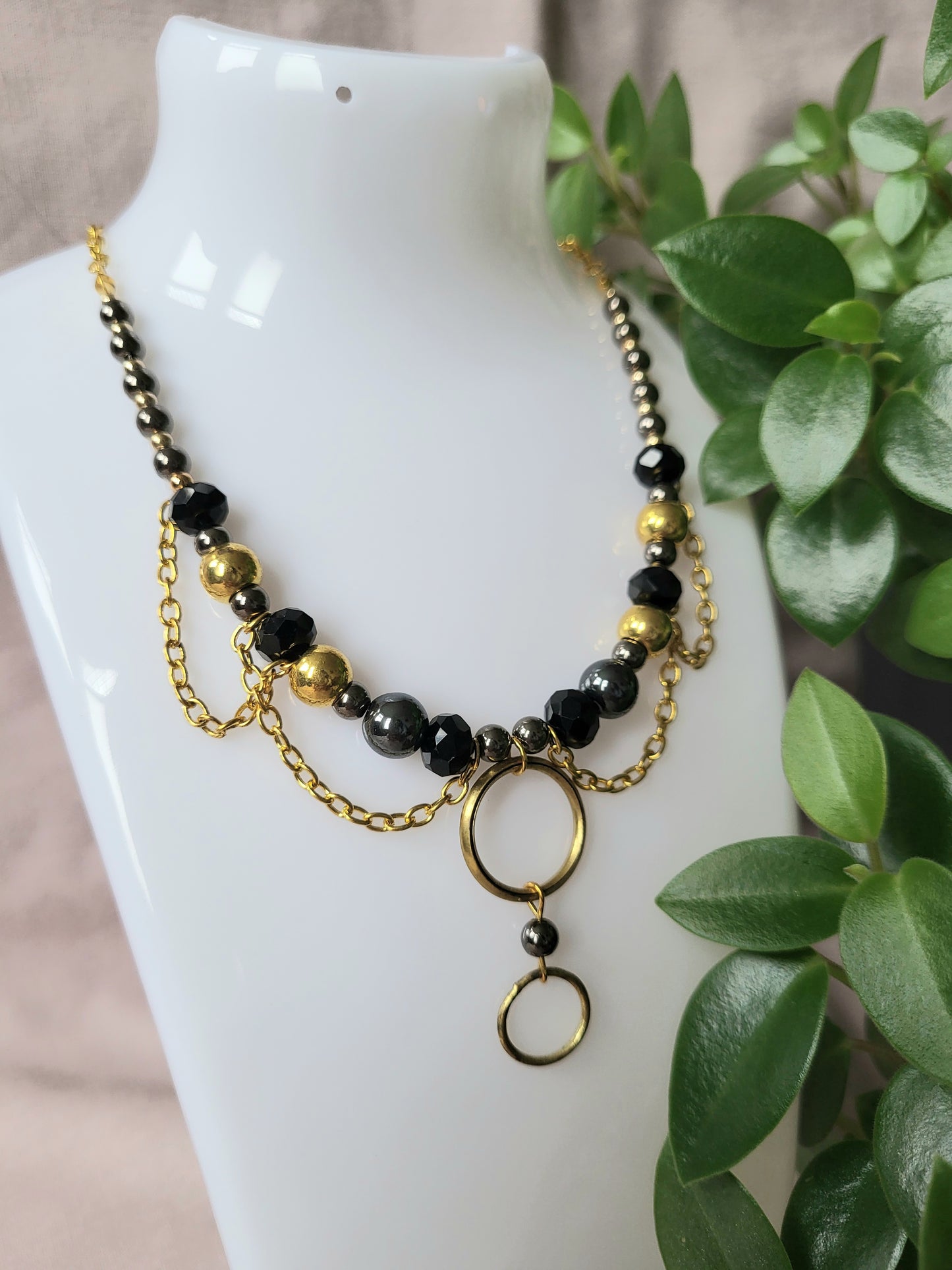Black and Gold Upcycled Beaded Bib Necklace with Double Ring Drop Pendant and Chain Detail