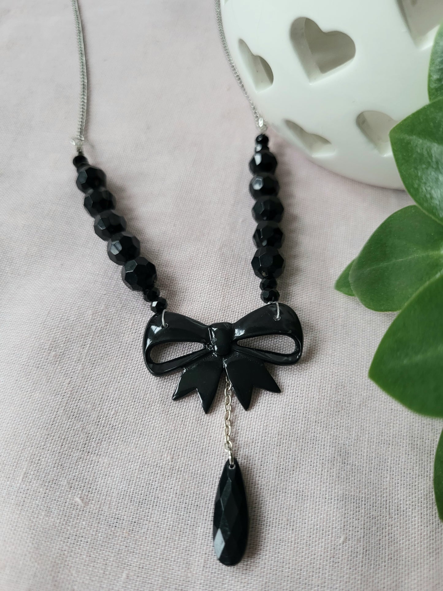 Black Bow Upcycled Beaded Bib Necklace