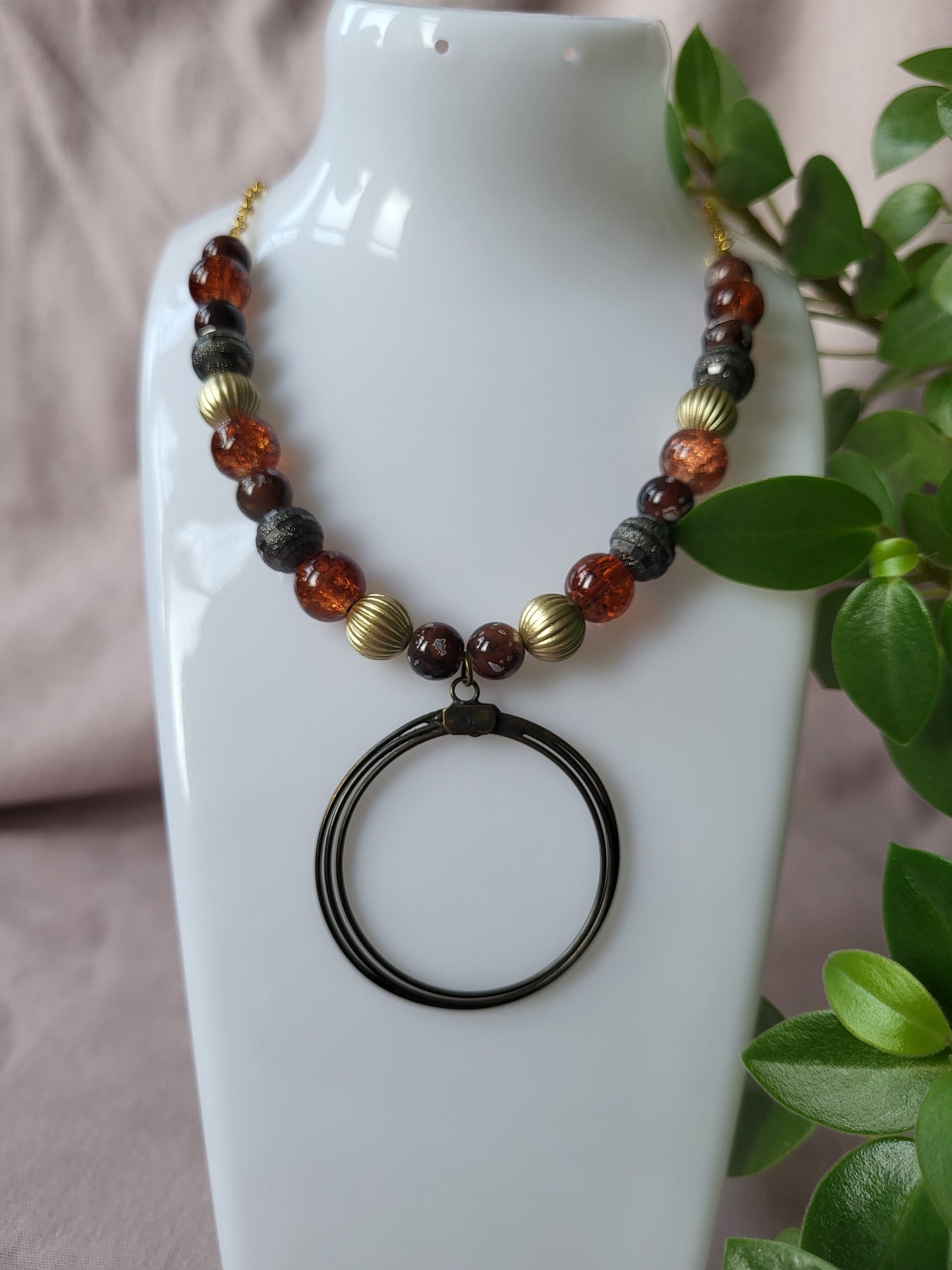 Brown and Gold Upcycled Statement Necklace with Circle Pendant. One of a Kind