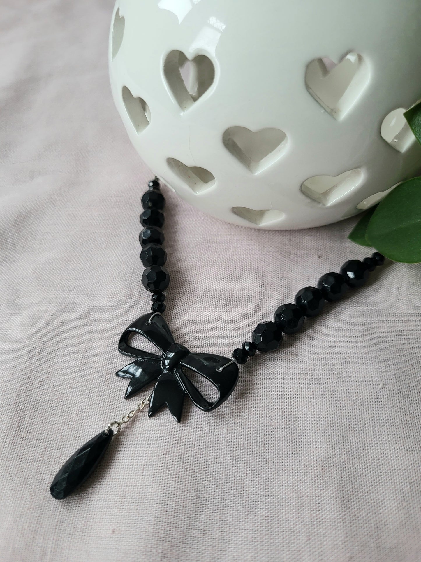 Black Bow Upcycled Beaded Bib Necklace