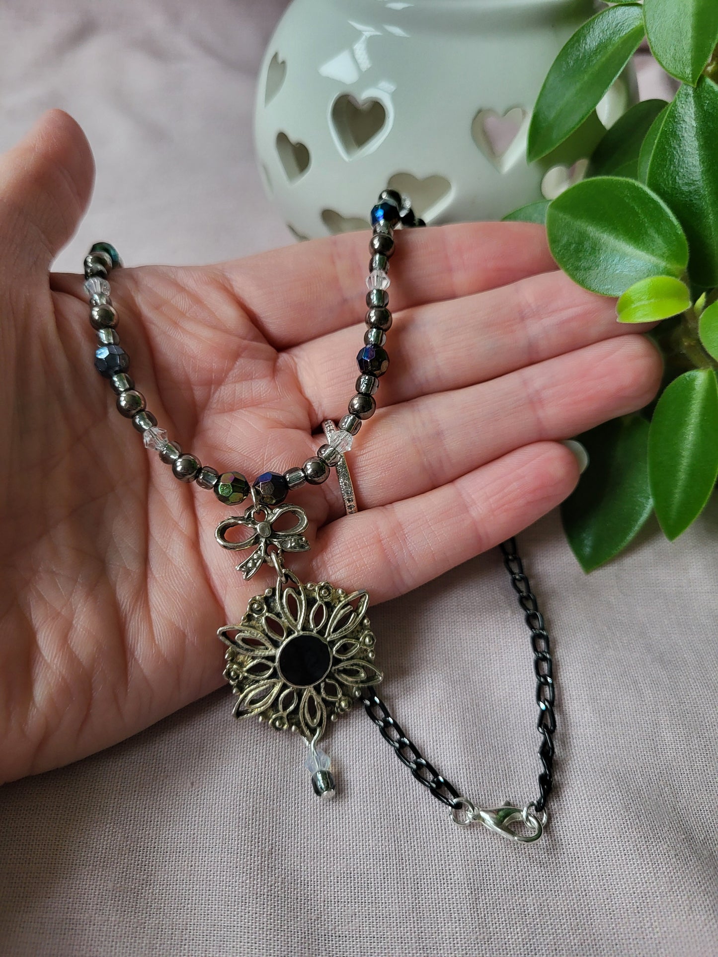 Black and Silver Upcycled Beaded Bib Necklace with Bow Detail