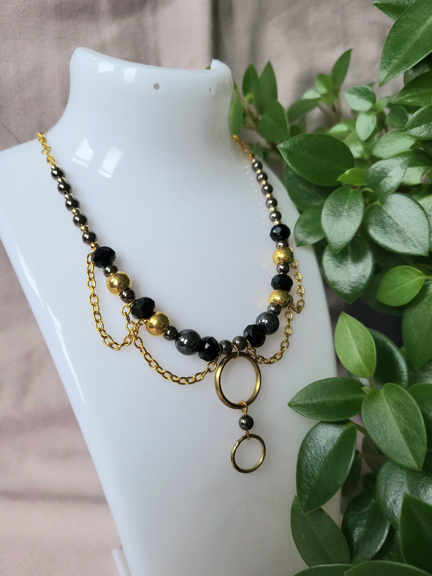 Black and Gold Upcycled Beaded Bib Necklace with Double Ring Drop Pendant and Chain Detail
