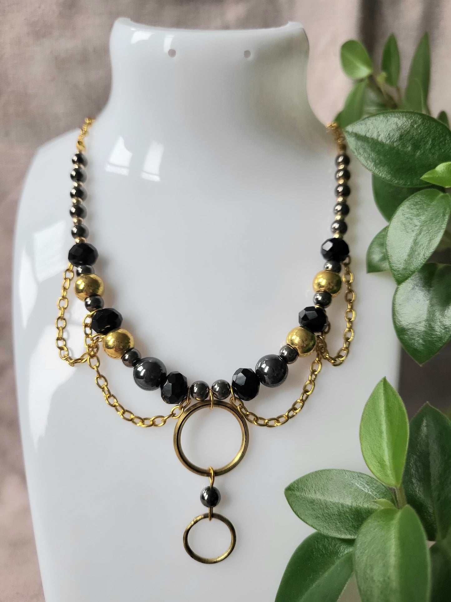 Black and Gold Upcycled Beaded Bib Necklace with Double Ring Drop Pendant and Chain Detail