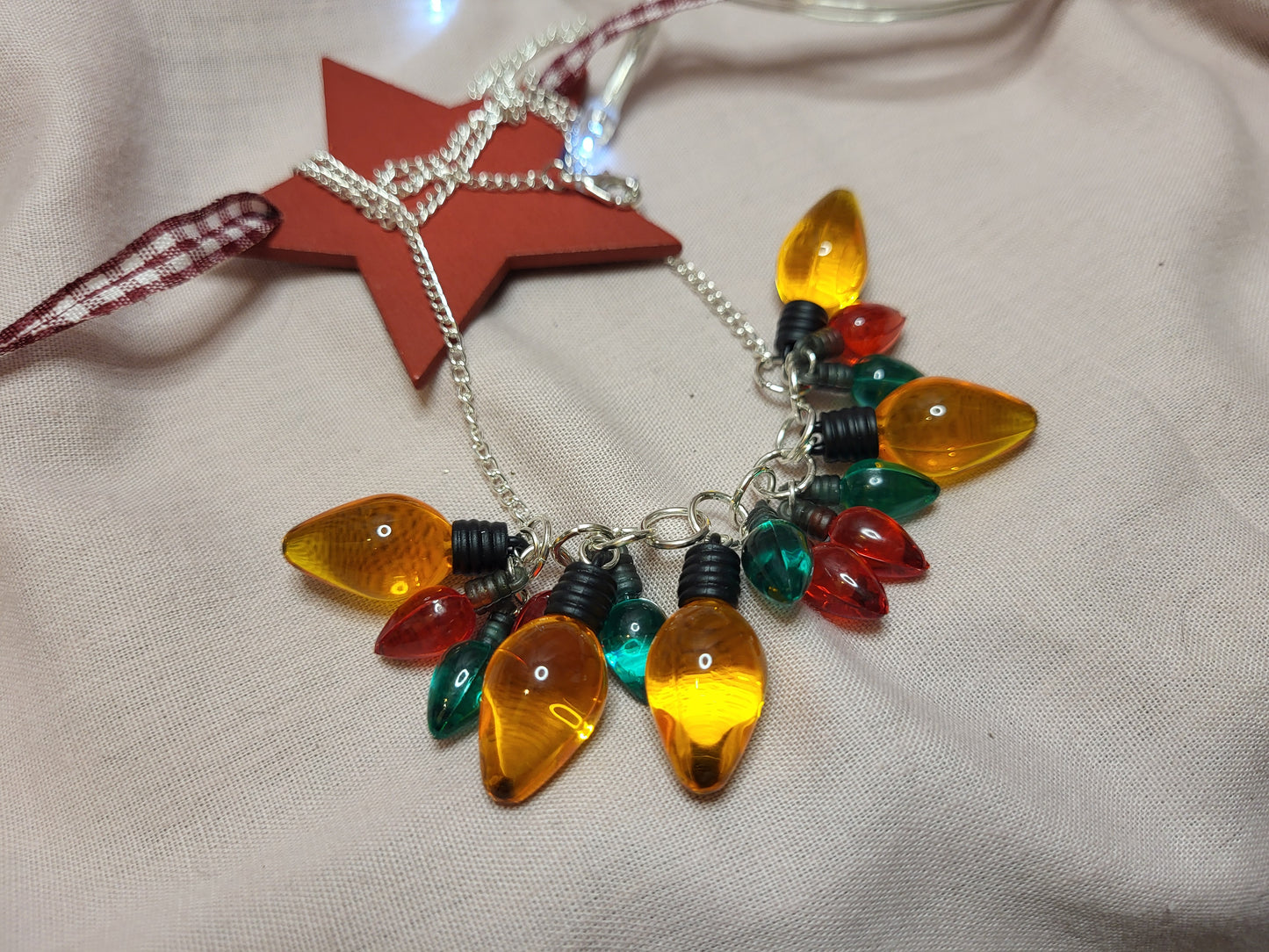 Gold, Red and Green Christmas Lights Statement Bib Necklace. Christmas Jewellery Jewelry. Statement Christmas Jewellery