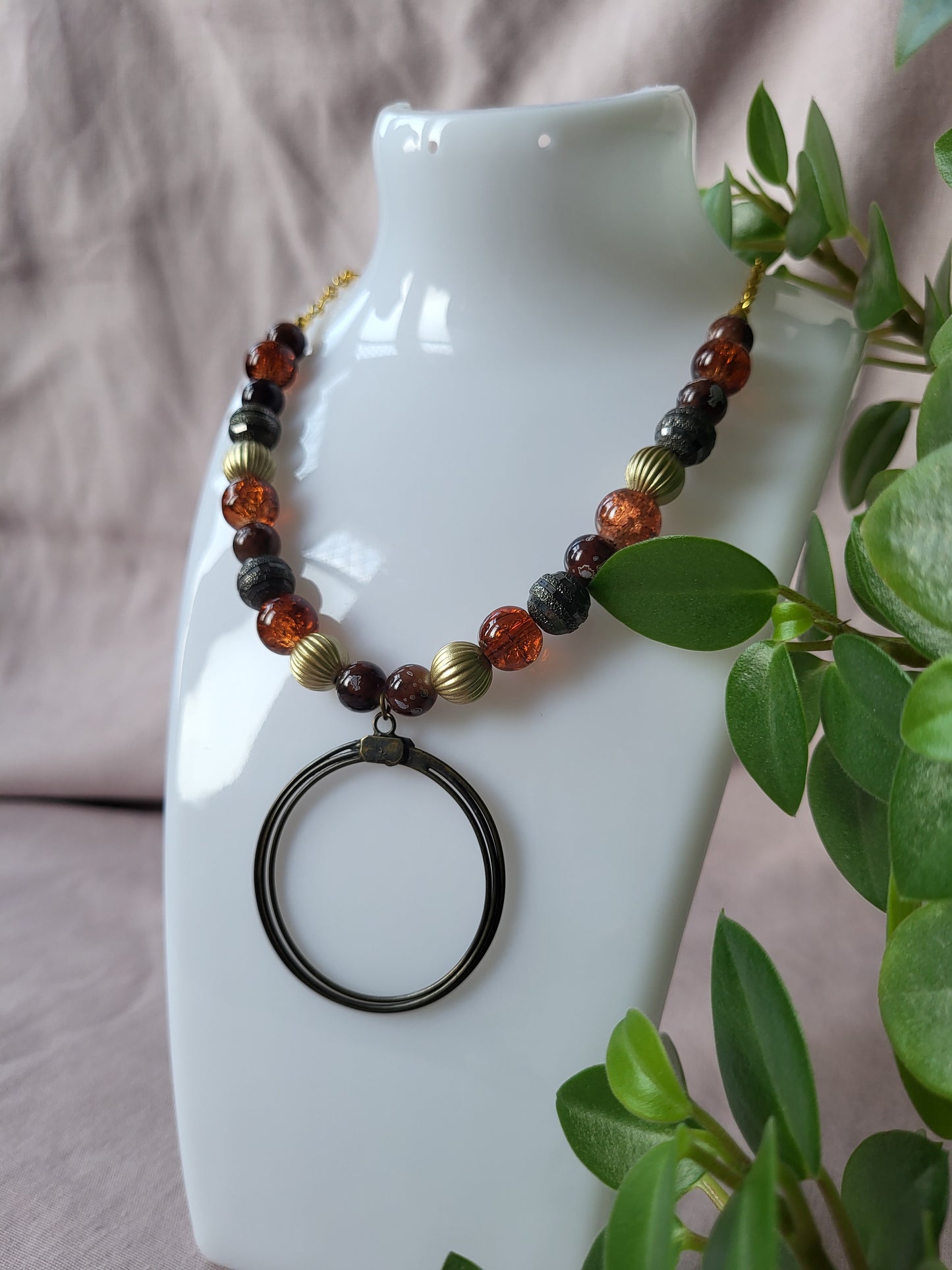 Brown and Gold Upcycled Statement Necklace with Circle Pendant. One of a Kind