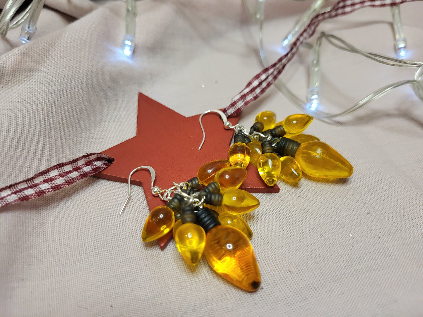 Yellow Gold Christmas Light Statement Earrings. Clip On or Nickel Free Wires. Fairy Light Earrings. Christmas Lover Gift.