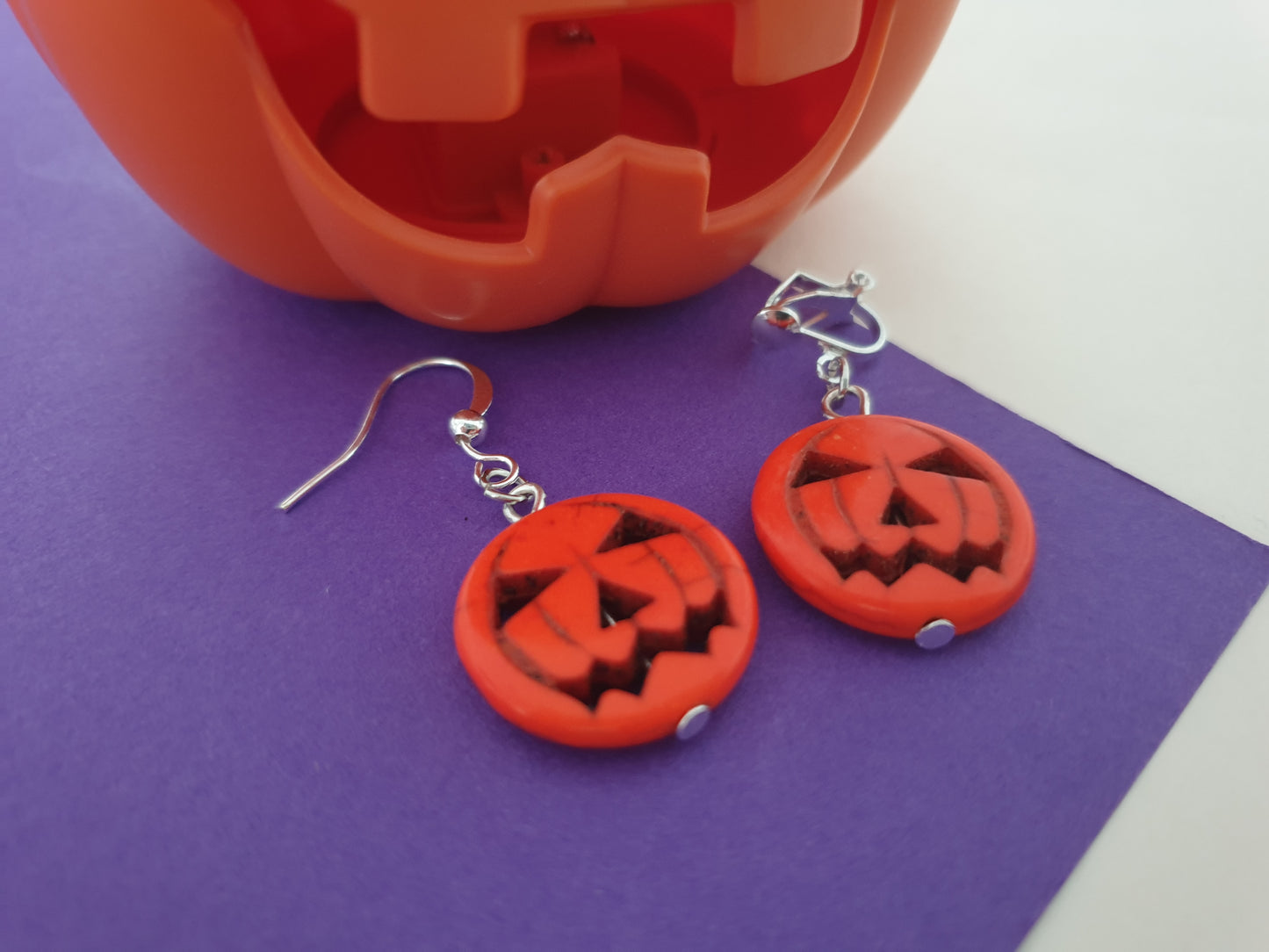 Jack O'Lantern Pumpkin Spooky Earrings. Halloween Jewellery with Allergy Free, Nickel Free, Hypoallergenic Wires or Clip On Earrings