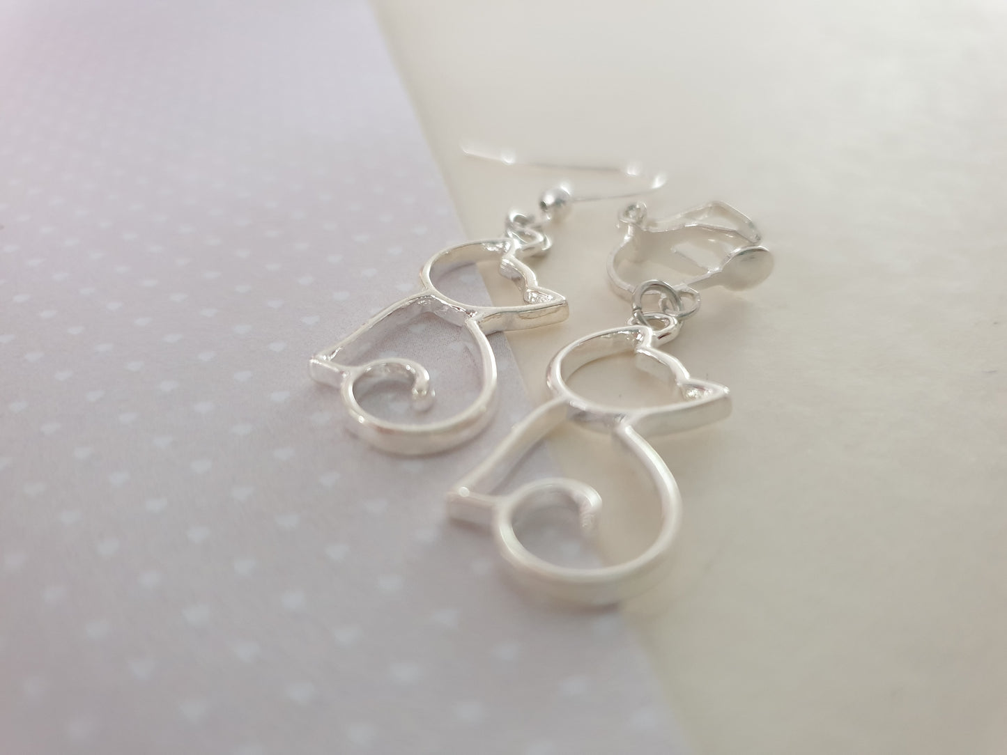 Outline Cat Earrings in Silver with Allergy Free, Nickel Free, Hypoallergenic Wires, or Clip On Earrings