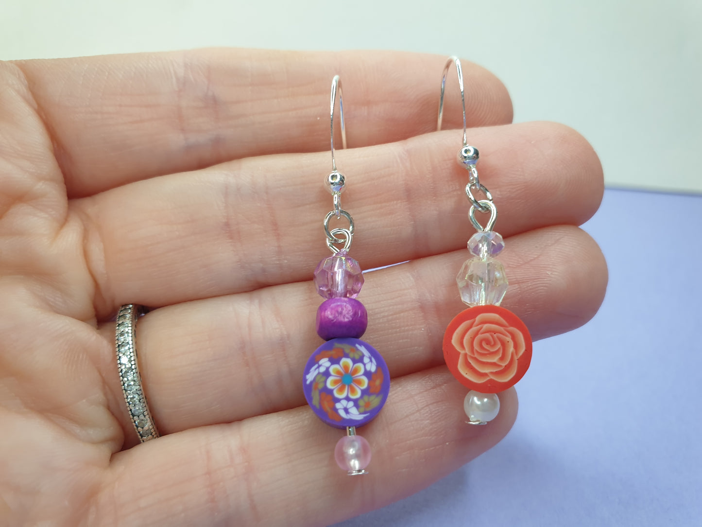 Floral Beaded Earrings. Purple Flower Earrings. Red Rose Earrings. Beaded Earrings. Clip On Earrings. Nickel Free Earrings.