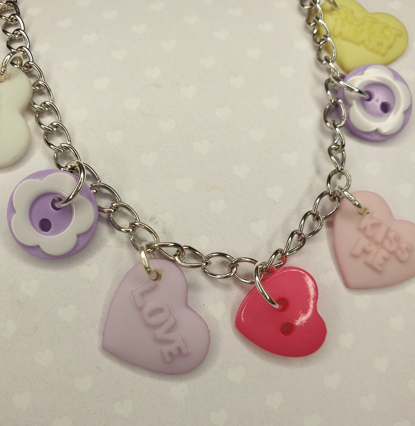 Love Heart Bracelet. Candy Hearts, Pastel Hearts, Valentines Gift, Anniversary Gift, Quirky Bracelet. Charm Bracelet, Button Bracelet